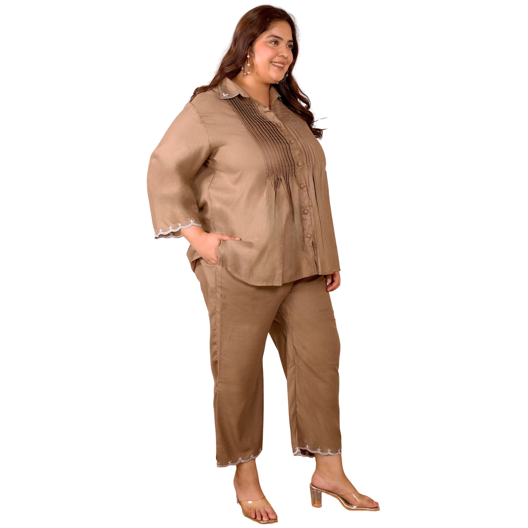 Brown Cotton Collar Embroidered Co Ord Set