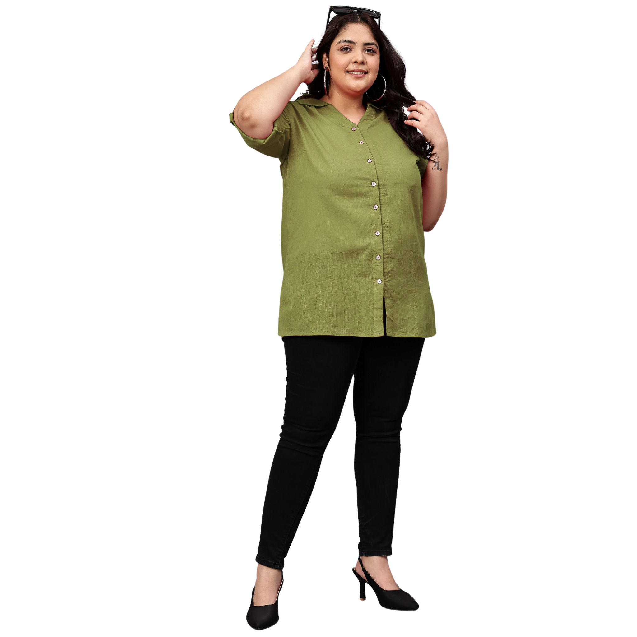 Green Cotton Longline Plus Size Shirt