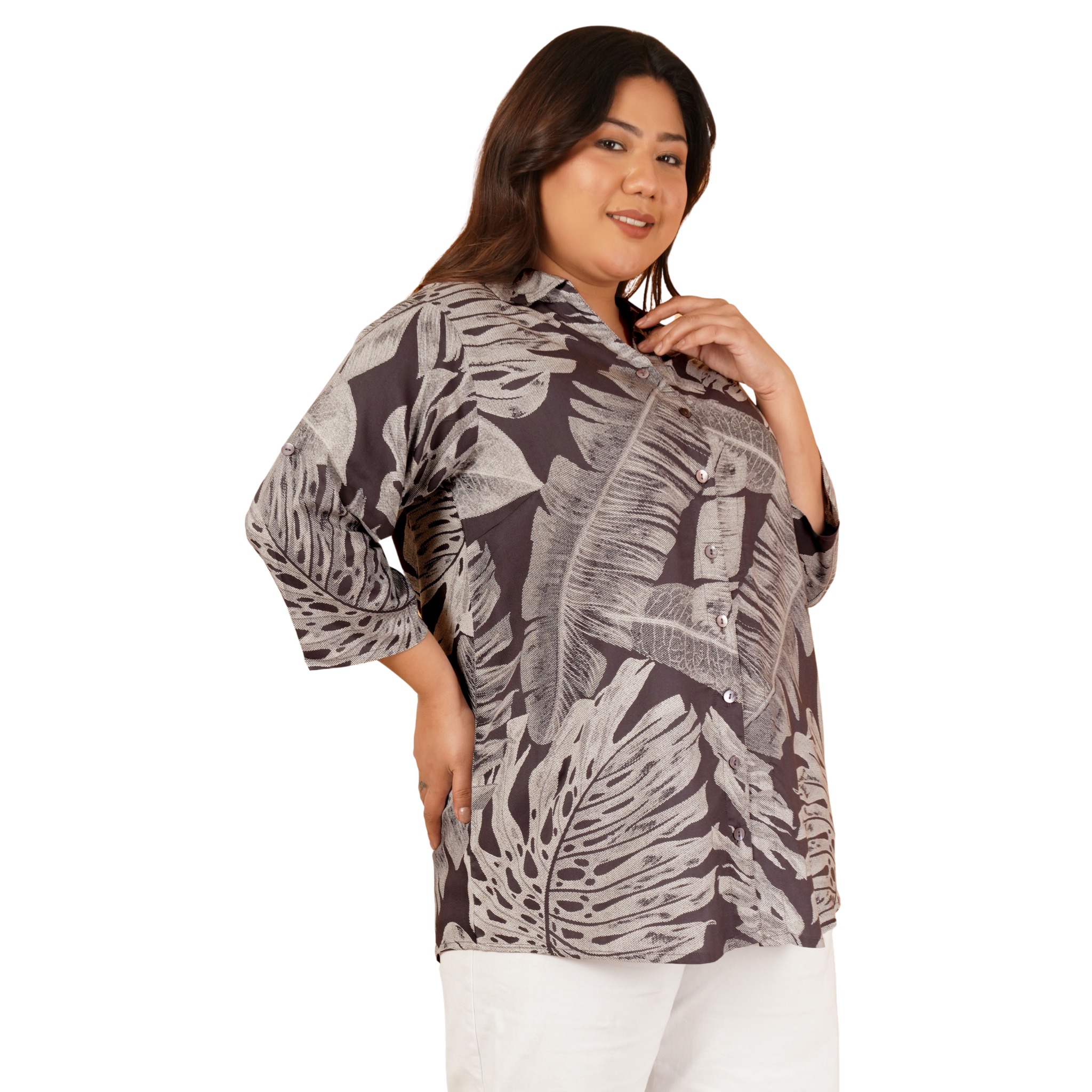 Brown Leaf Print Plus Size Shirt