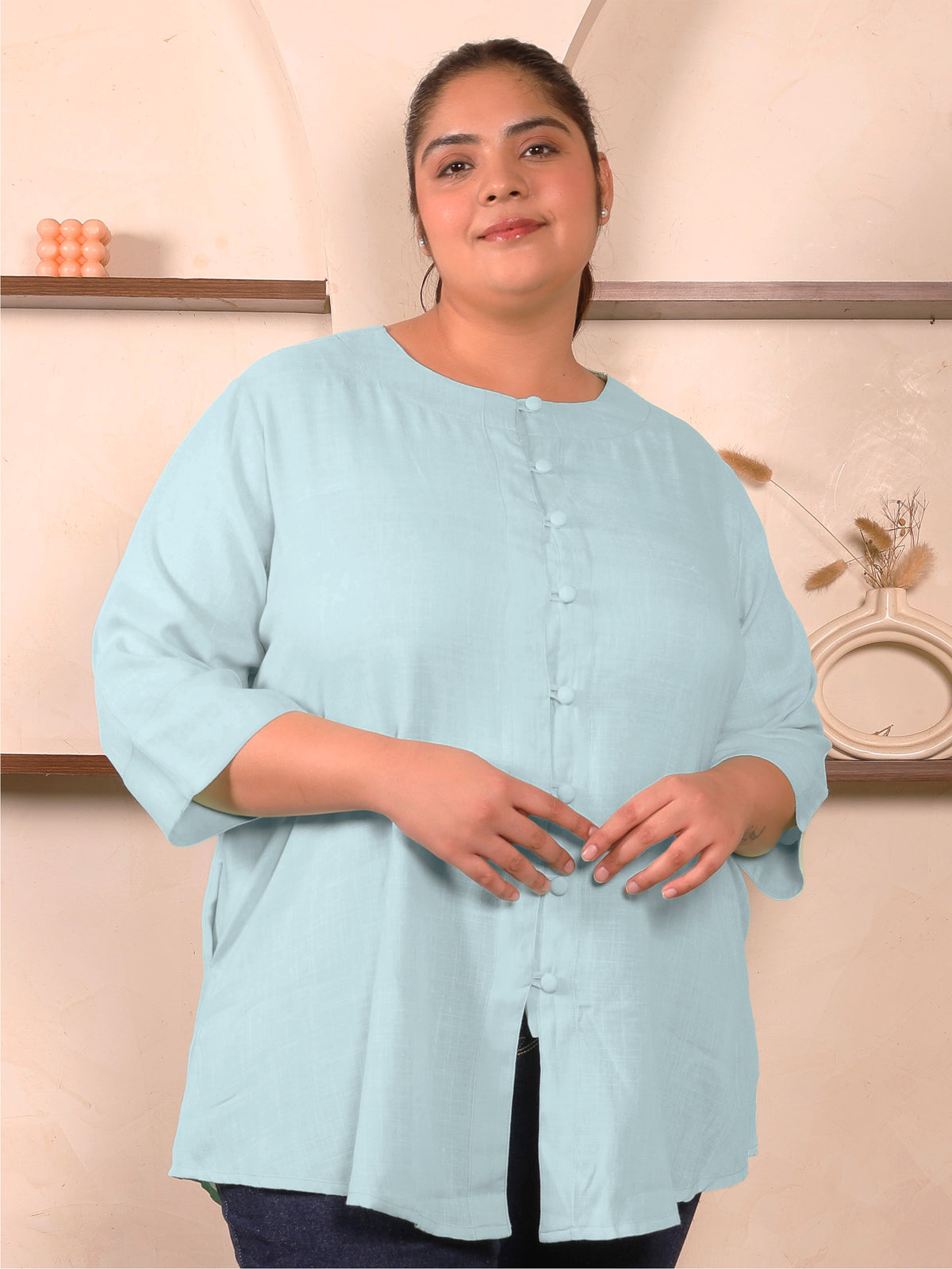 Blue Cotton Linen Plus Size Tunic