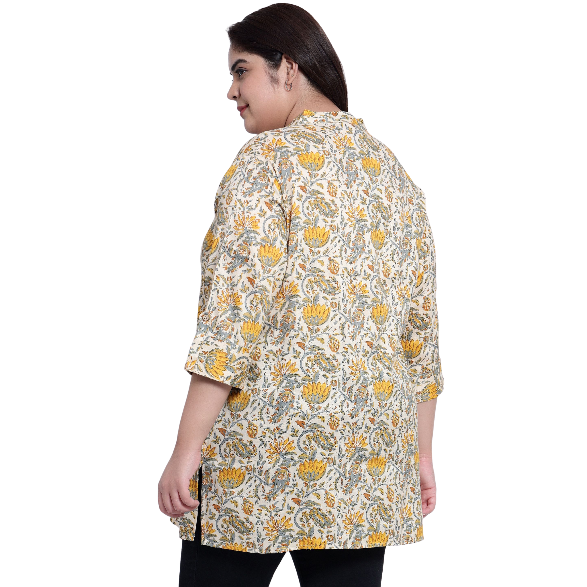 Yellow and Beige Floral Print Plus Size Tunic