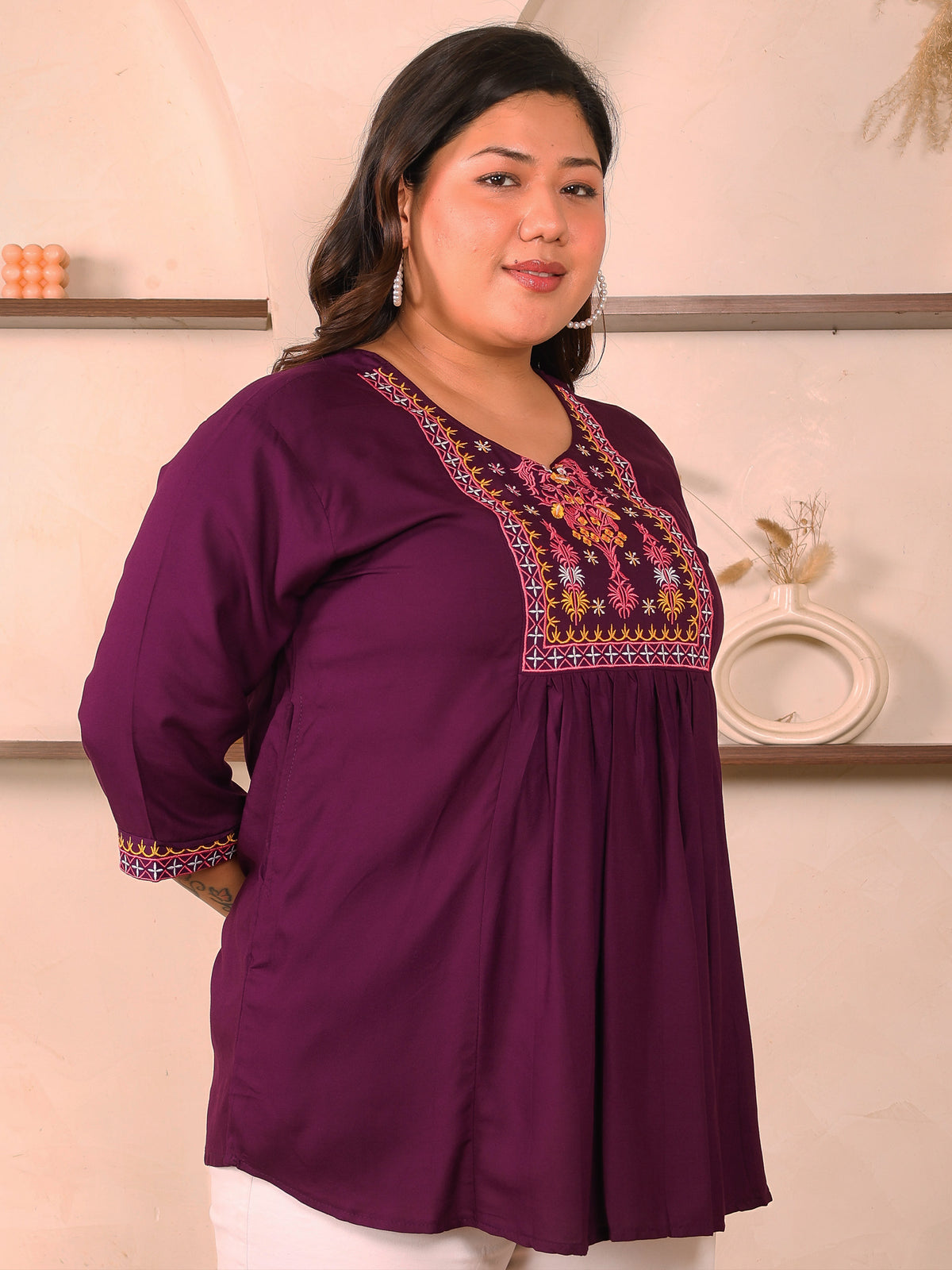 Burgundy Embroidered Plus Size Tunic