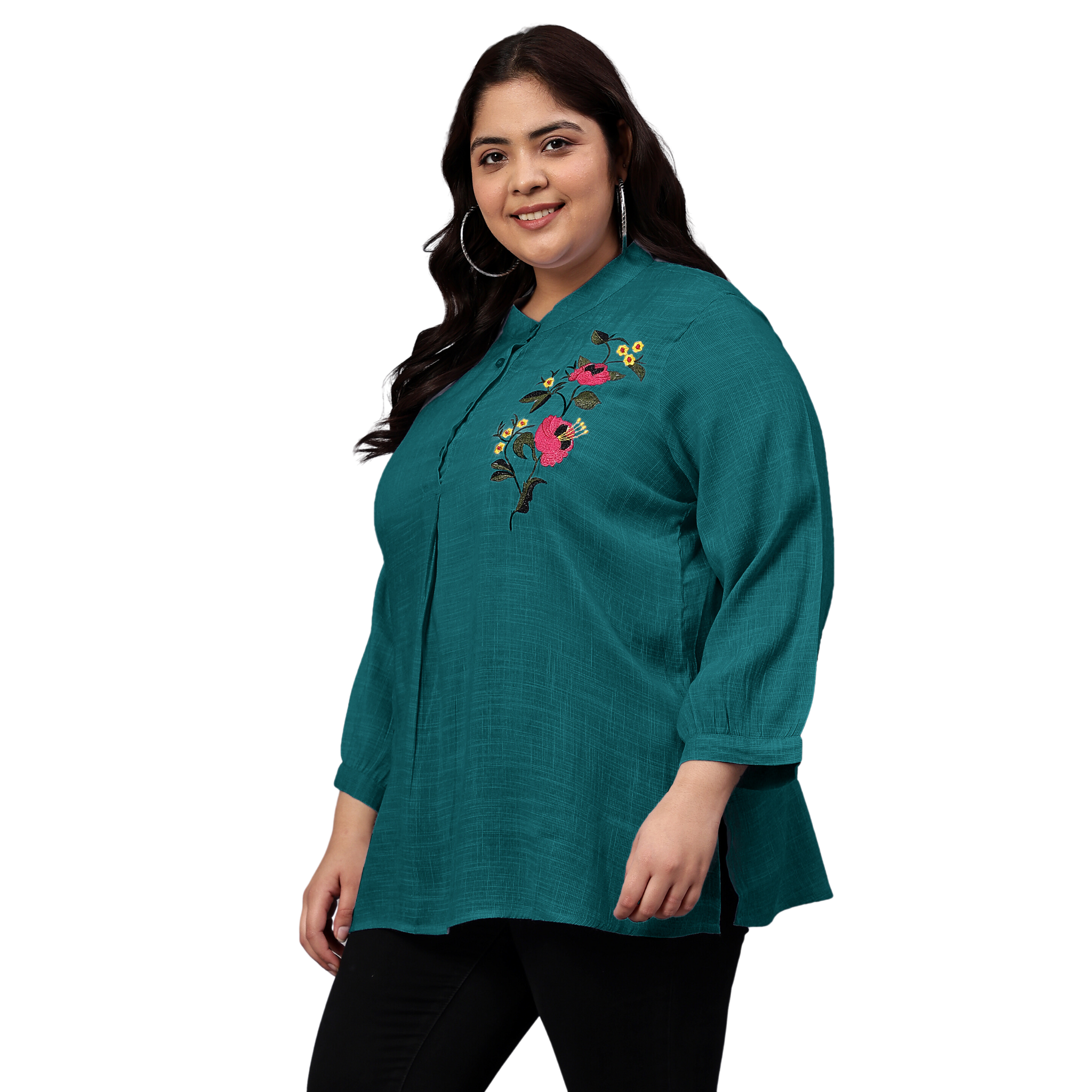 Turquoise Floral Embroidered Plus Size Tunic