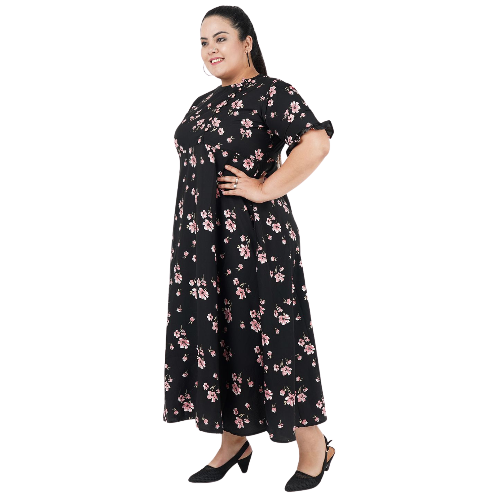 Black and Pink Floral Print Plus Size Dress