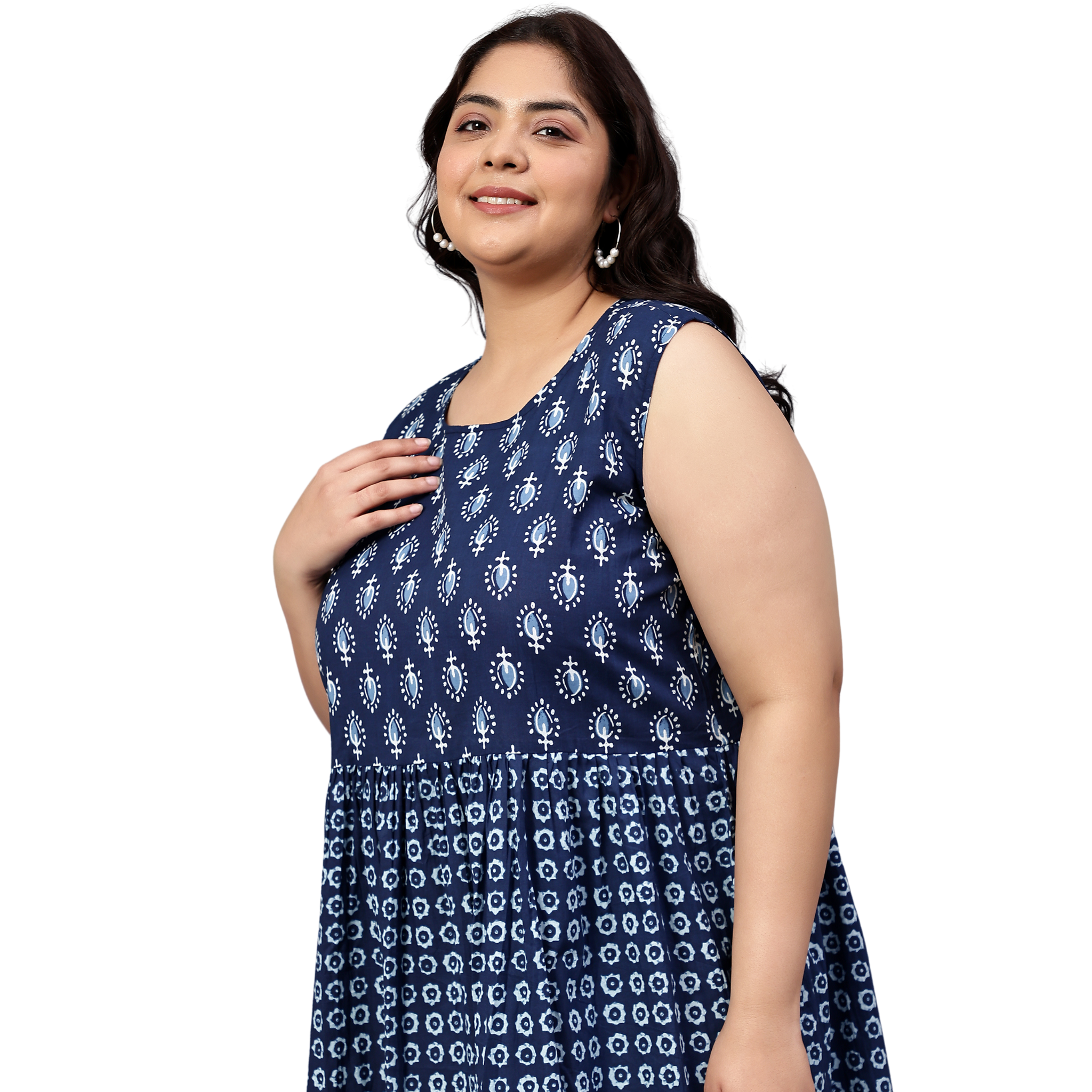 Blue Geometric Print Cotton Plus Size Dress