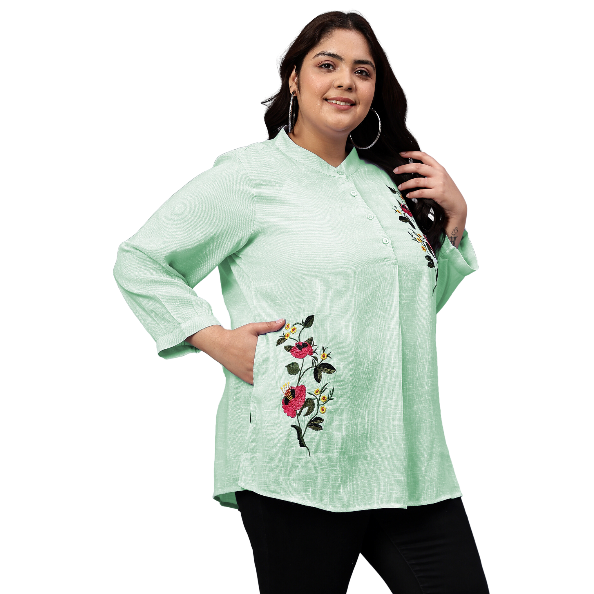 Green Floral Embroidered Plus Size Tunic