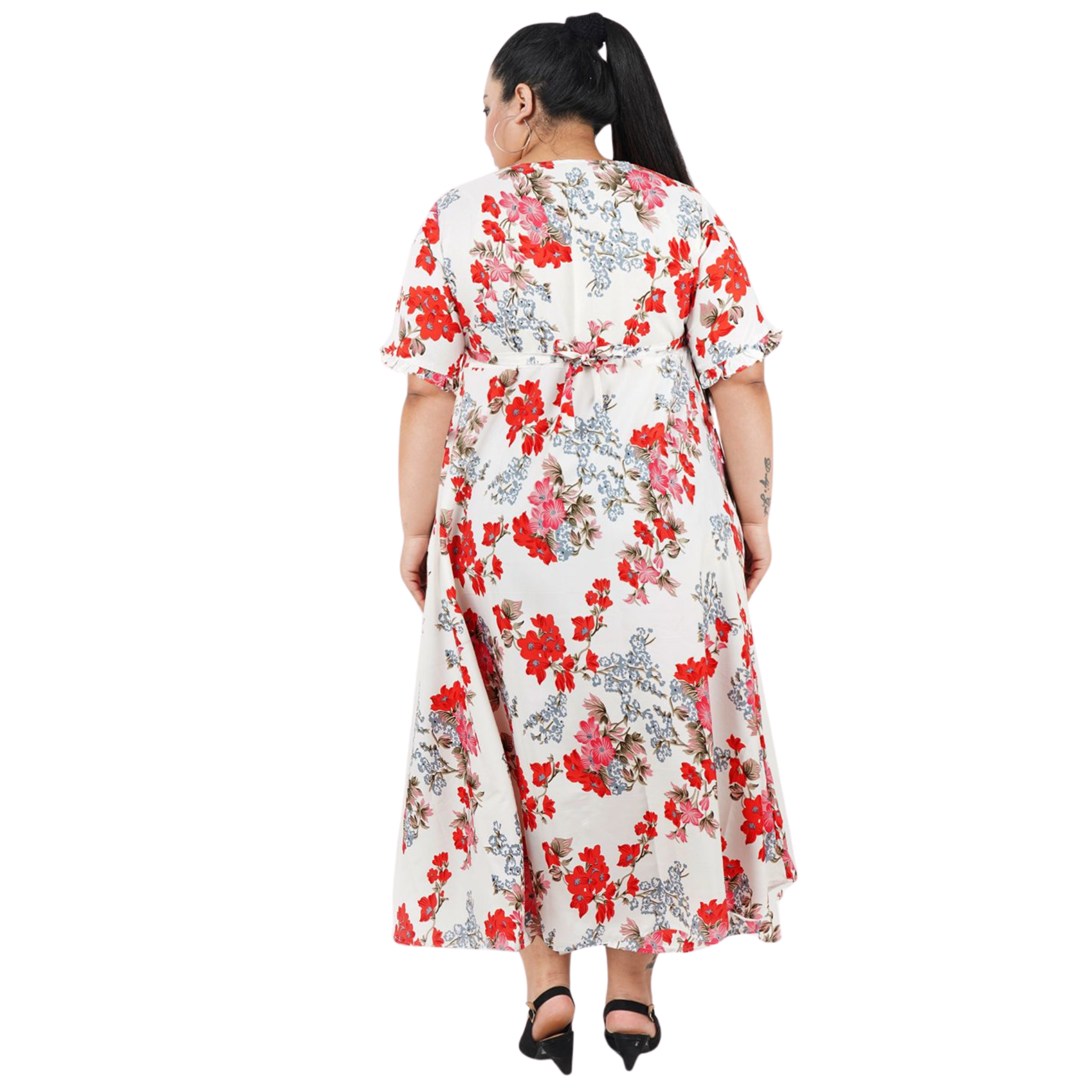 White and Red Floral Print Plus Size Dress