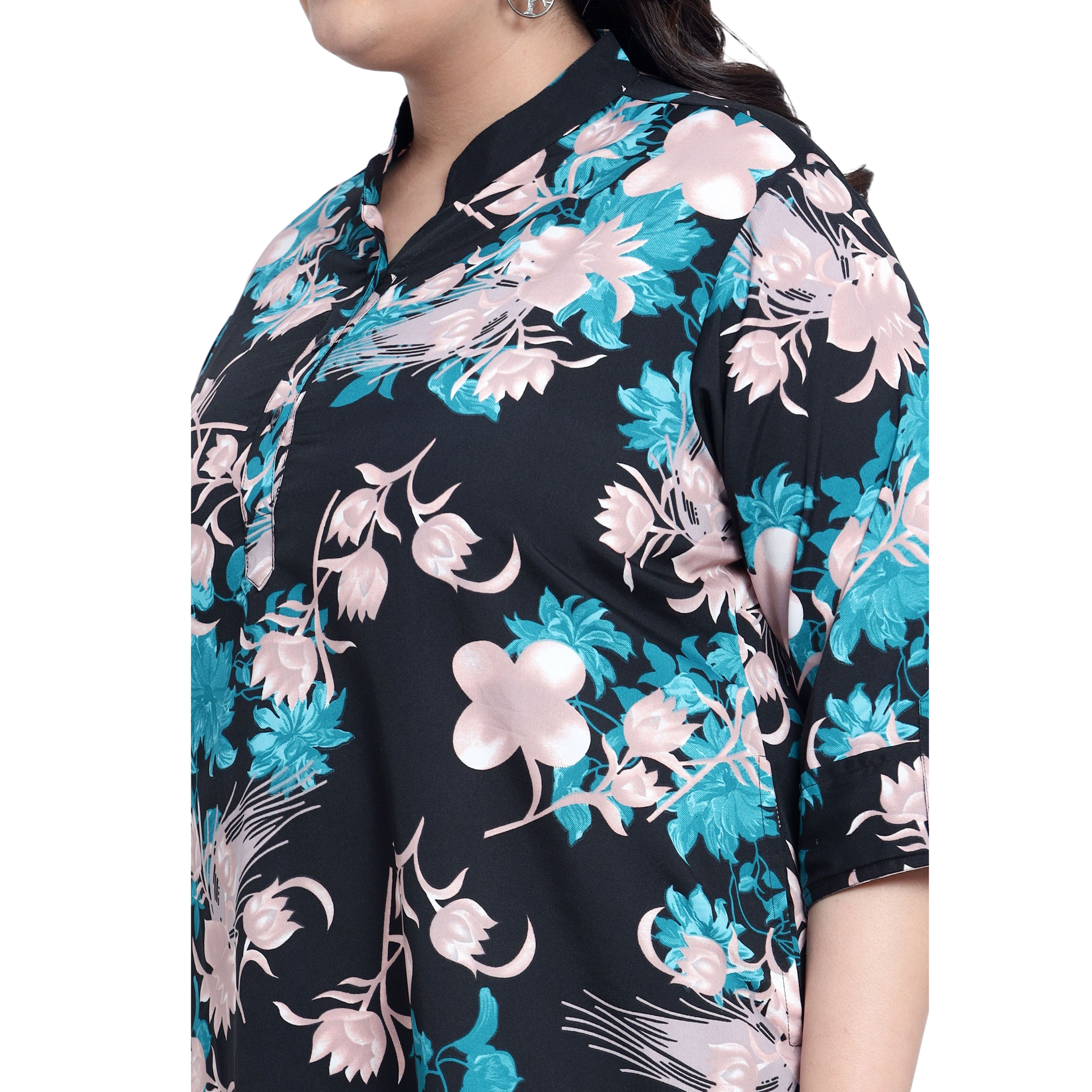 Green and Pink Floral Print Plus Size Tunic