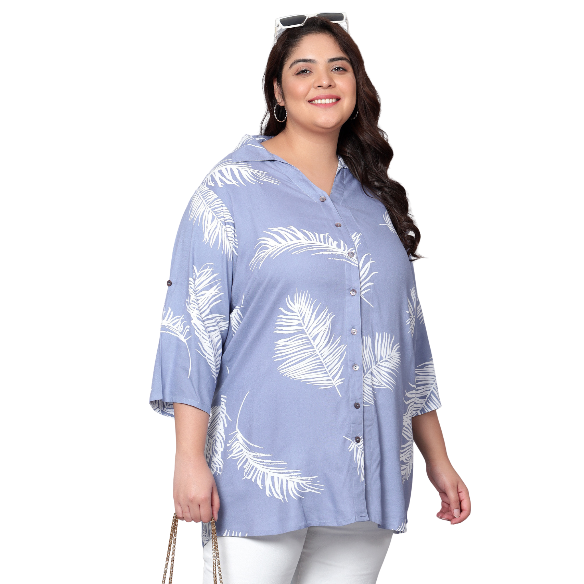 Blue Leaf Print Plus Size Shirt