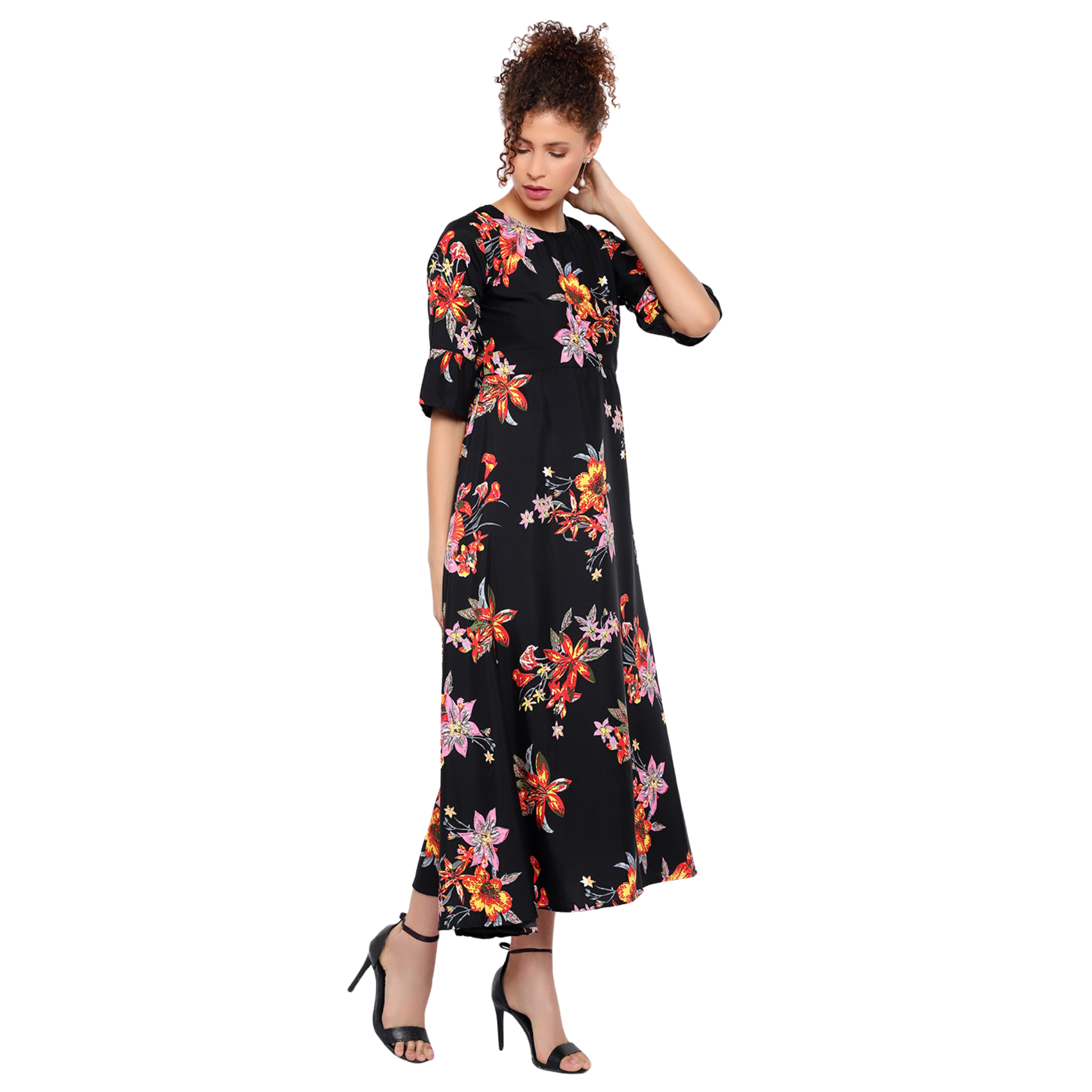 Black and Orange Floral Print Dress