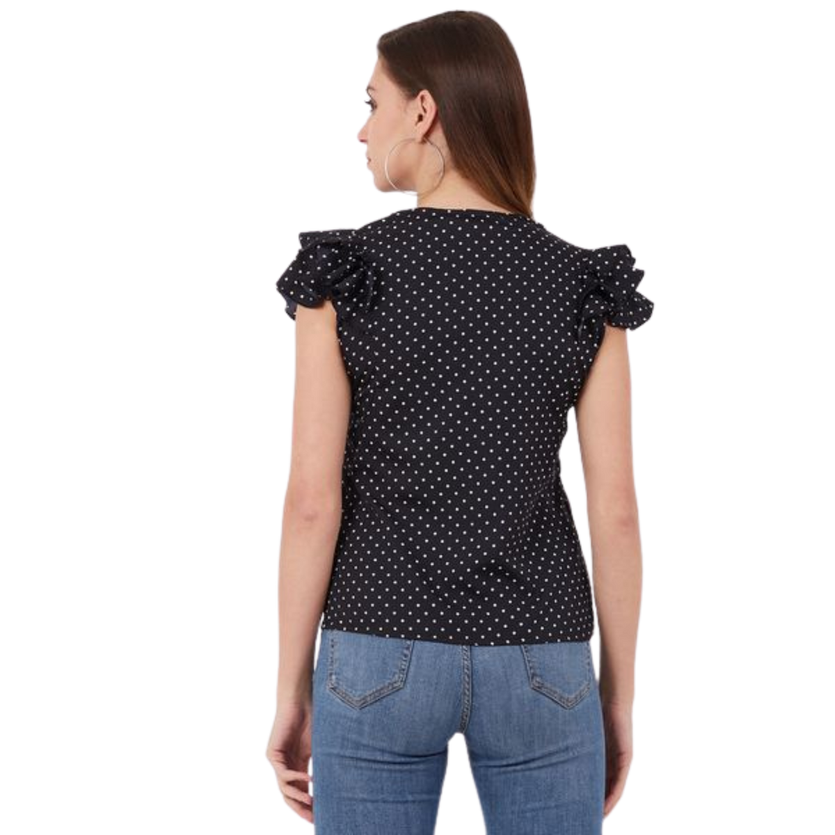 Black Polka Dot Buttoned Ruffle Top