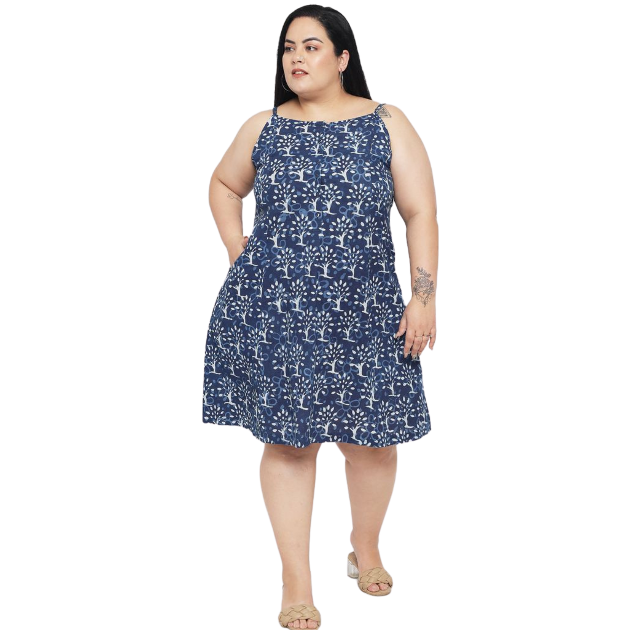 Blue A-Line Hand Block Plus Size Dress