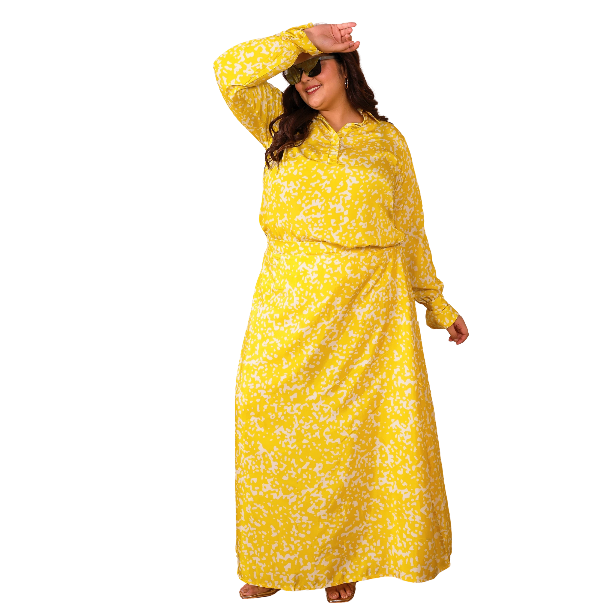 Yellow Satin Print Plus Size Co Ord Set