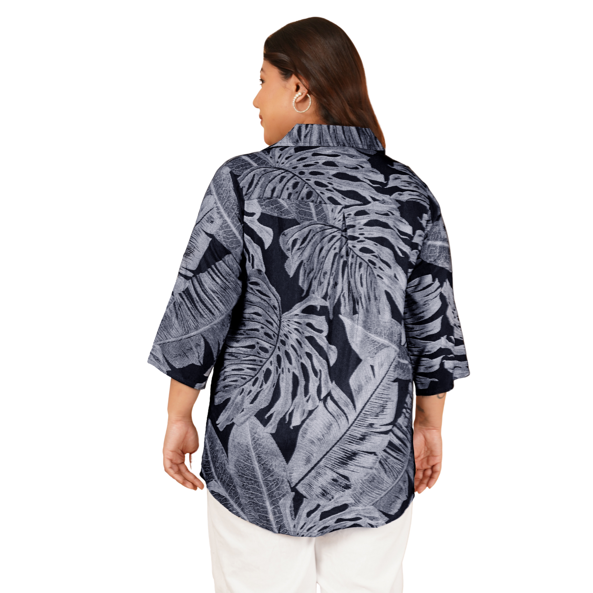 Dark Blue Leaf Print Plus Size Shirt