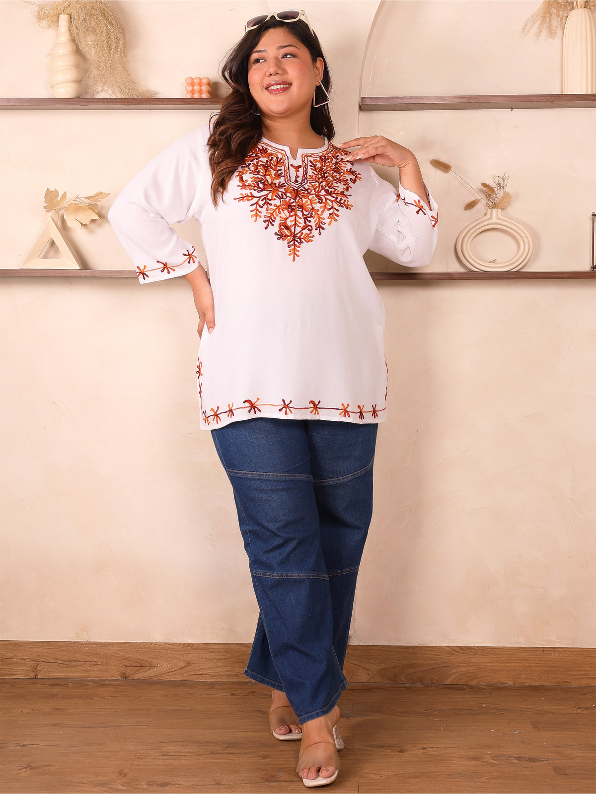 White And Red Embroidered Plus Size Tunic