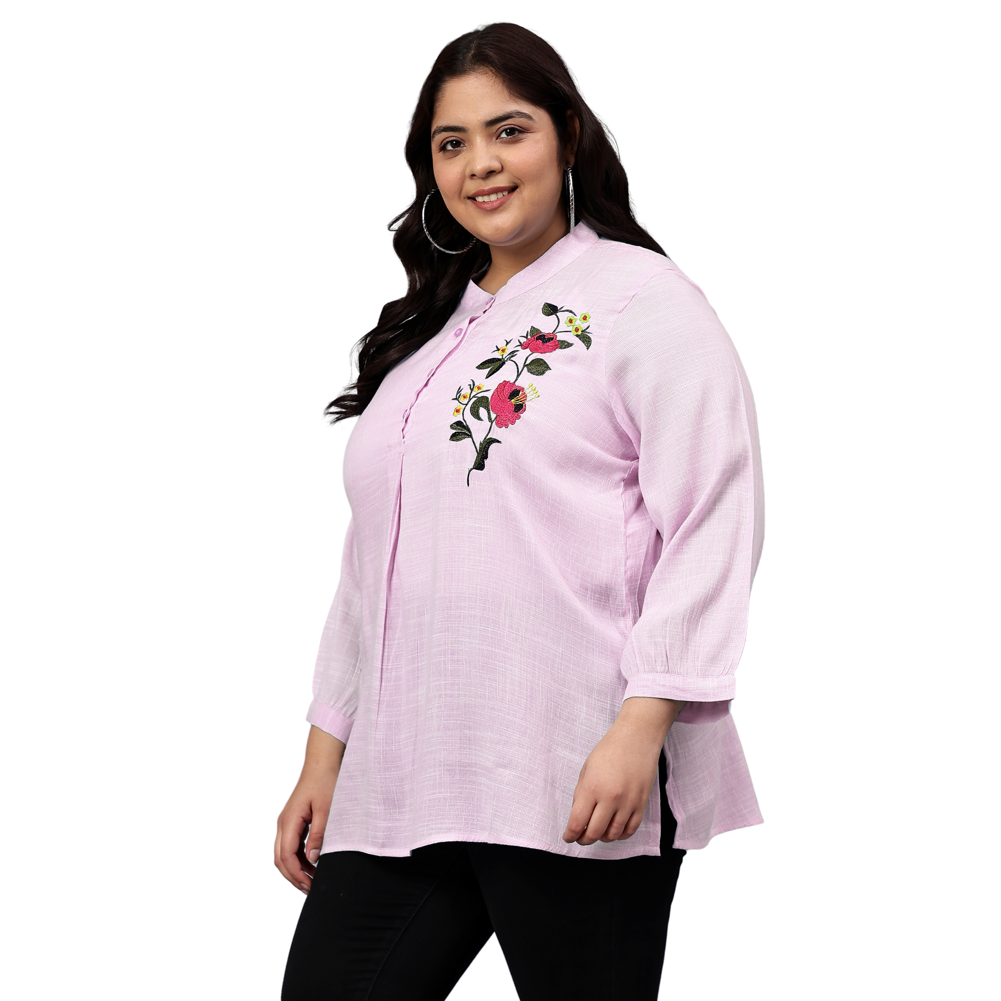 Pink Floral Embroidered Plus Size Tunic