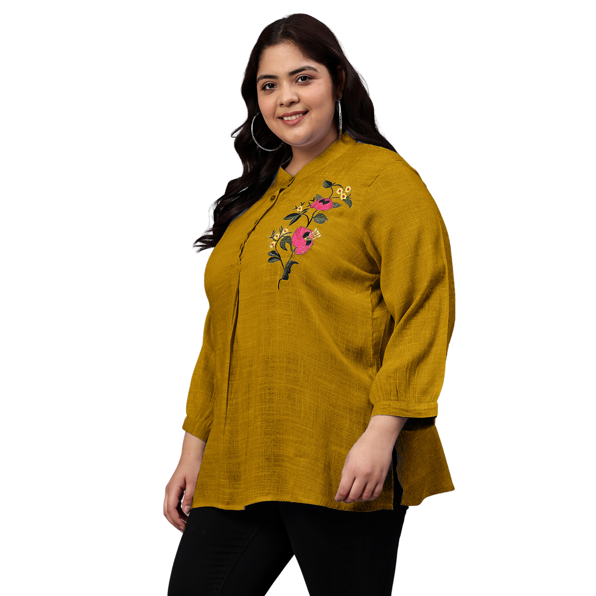 Mustard Floral Embroidered Plus Size Tunic