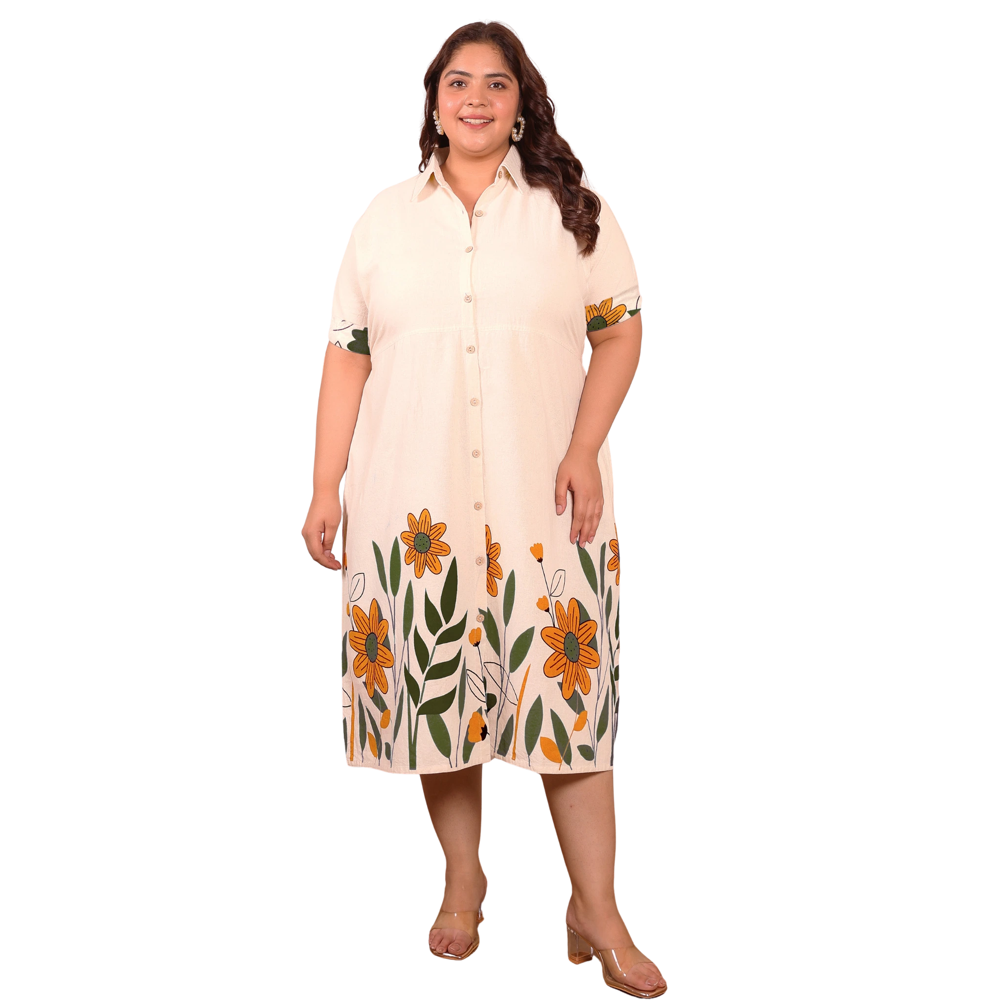 OffWhite Green Floral Cotton Midi Dress