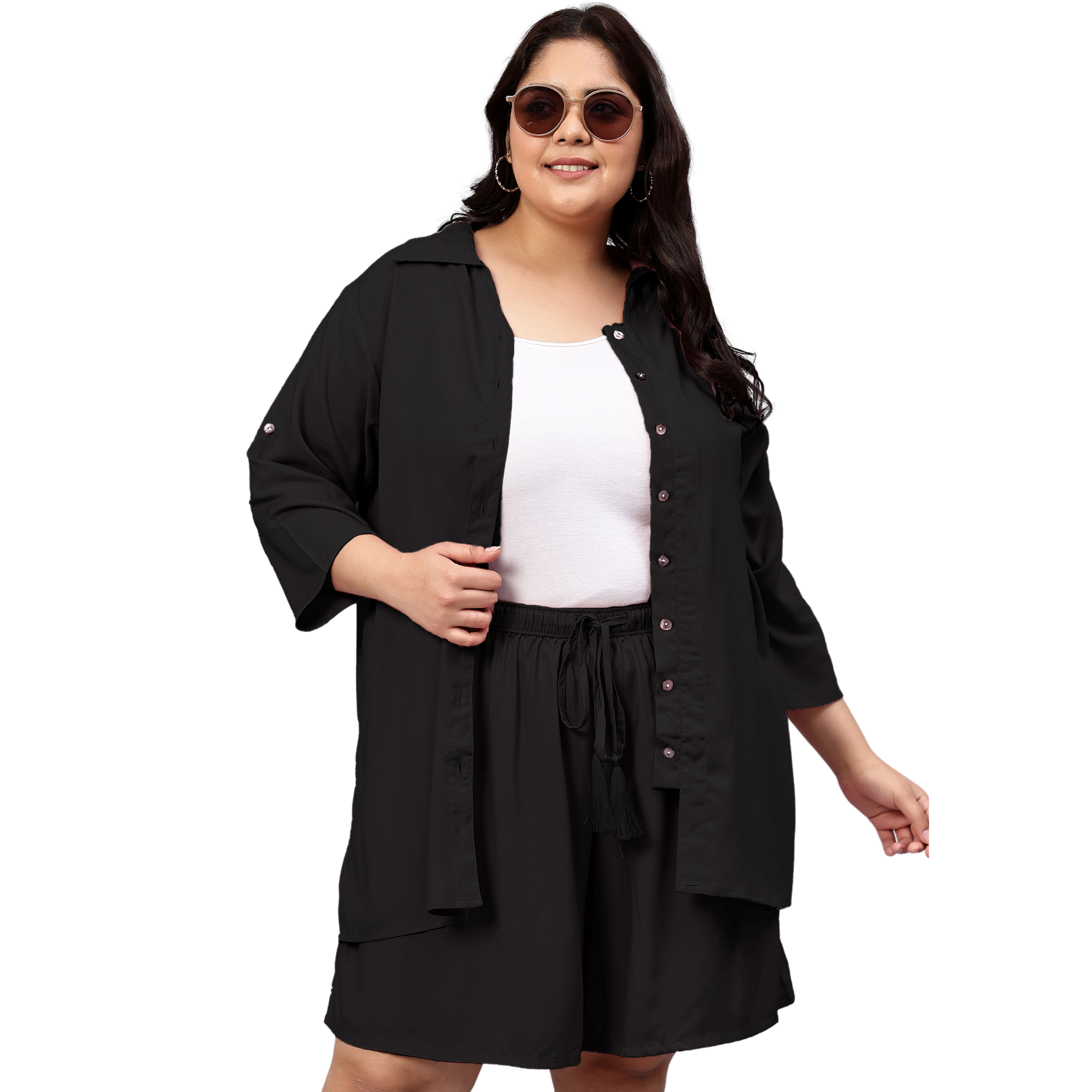 Black Solid Shirt And Short Set