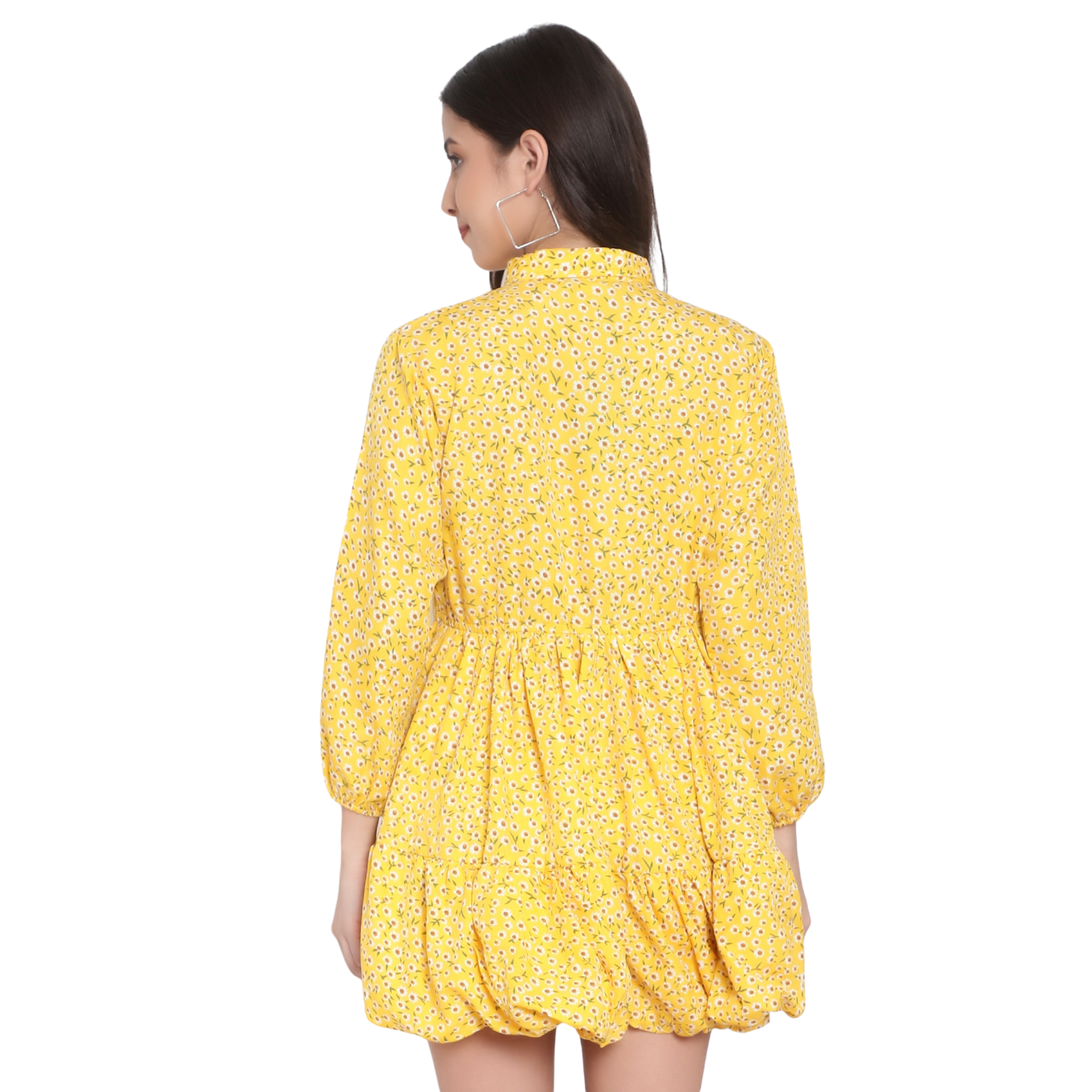 Yellow Floral Print Tiered Dress
