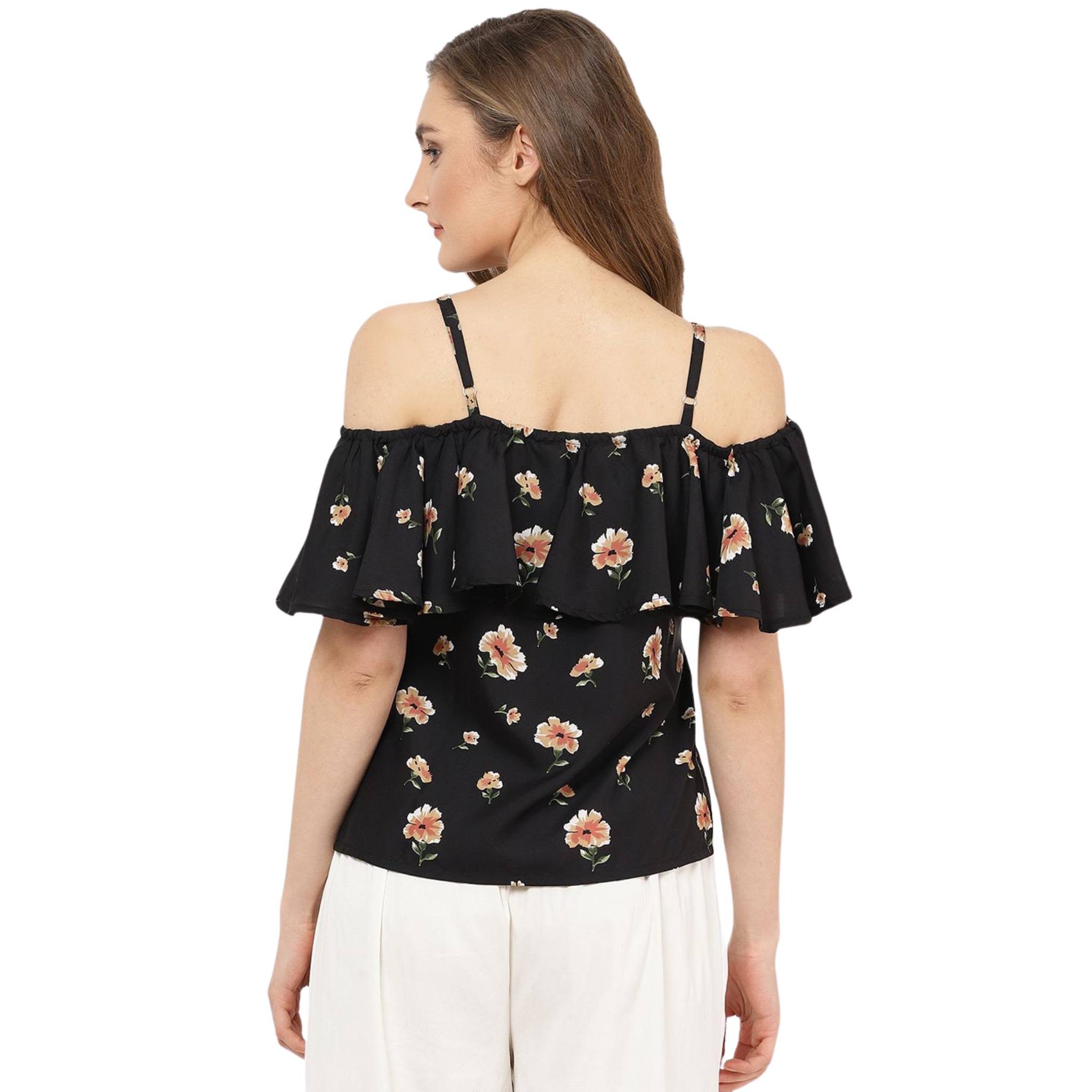Black Floral Print Cold Shoulder Top