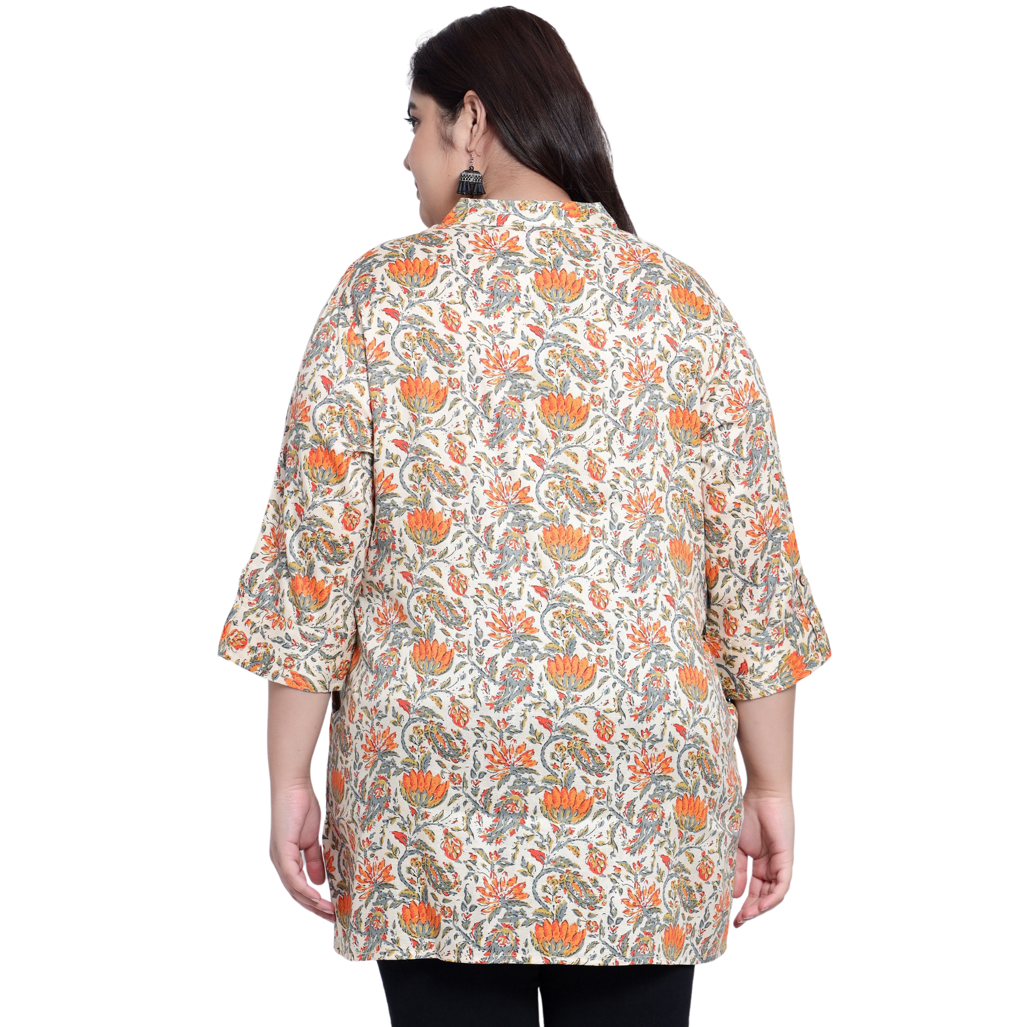 Orange and Beige Floral Print Plus Size Tunic