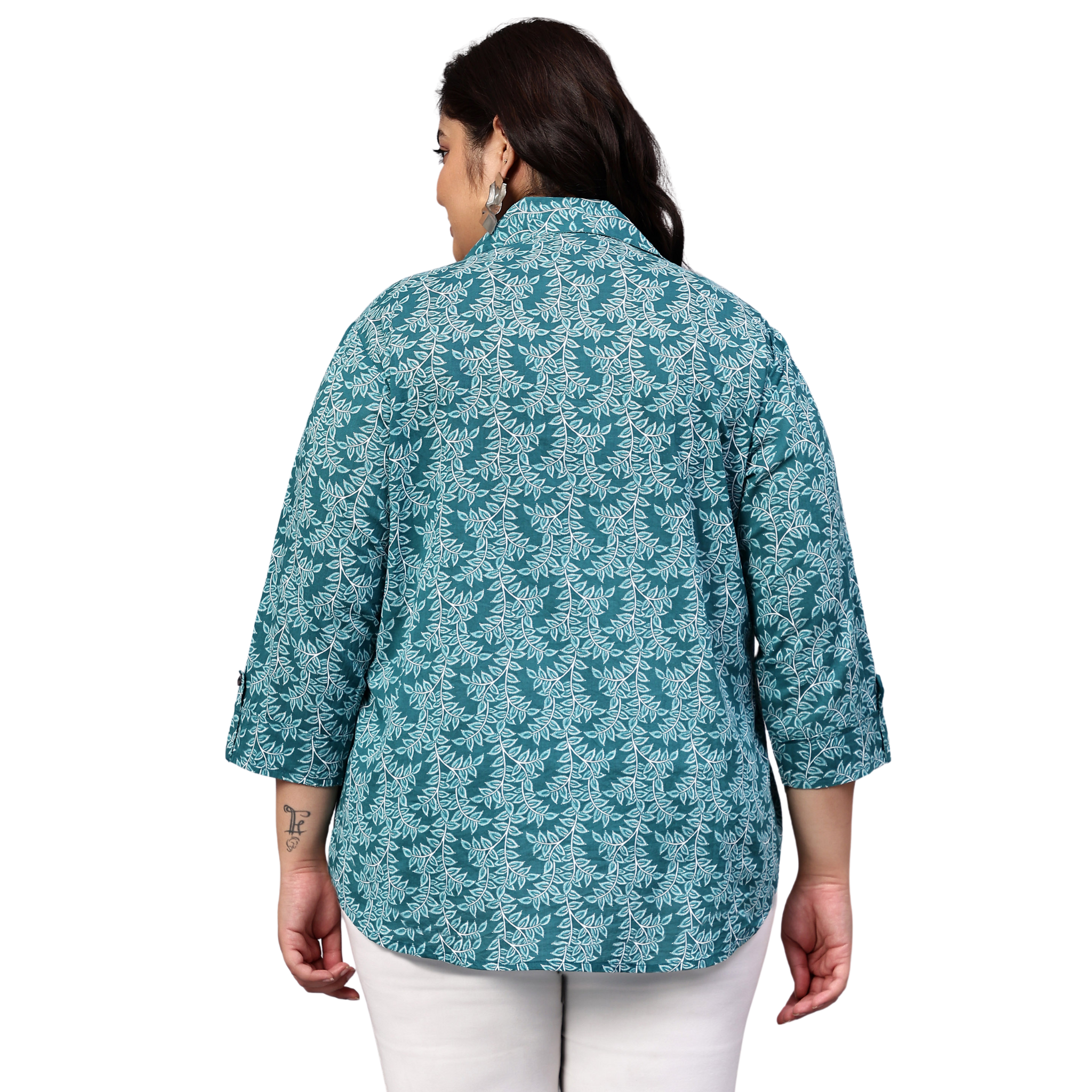 Turquoise Leaf Print Plus Size Shirt