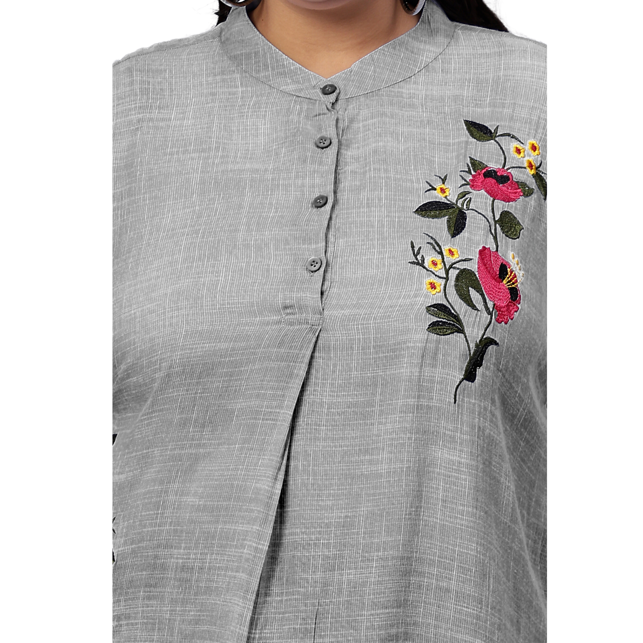 Grey Floral Embroidered Plus Size Tunic