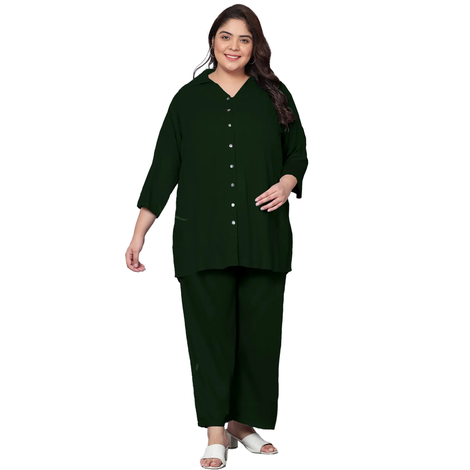 Dark Green Solid Plus Size Co-Ord Set