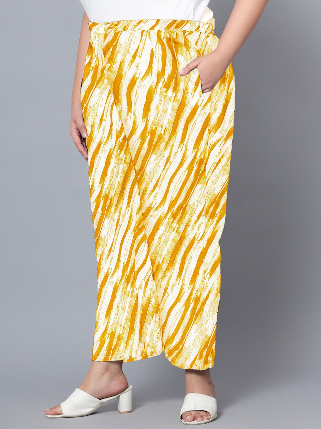 Yellow Leheriya Print Plus Size Trousers — view 3