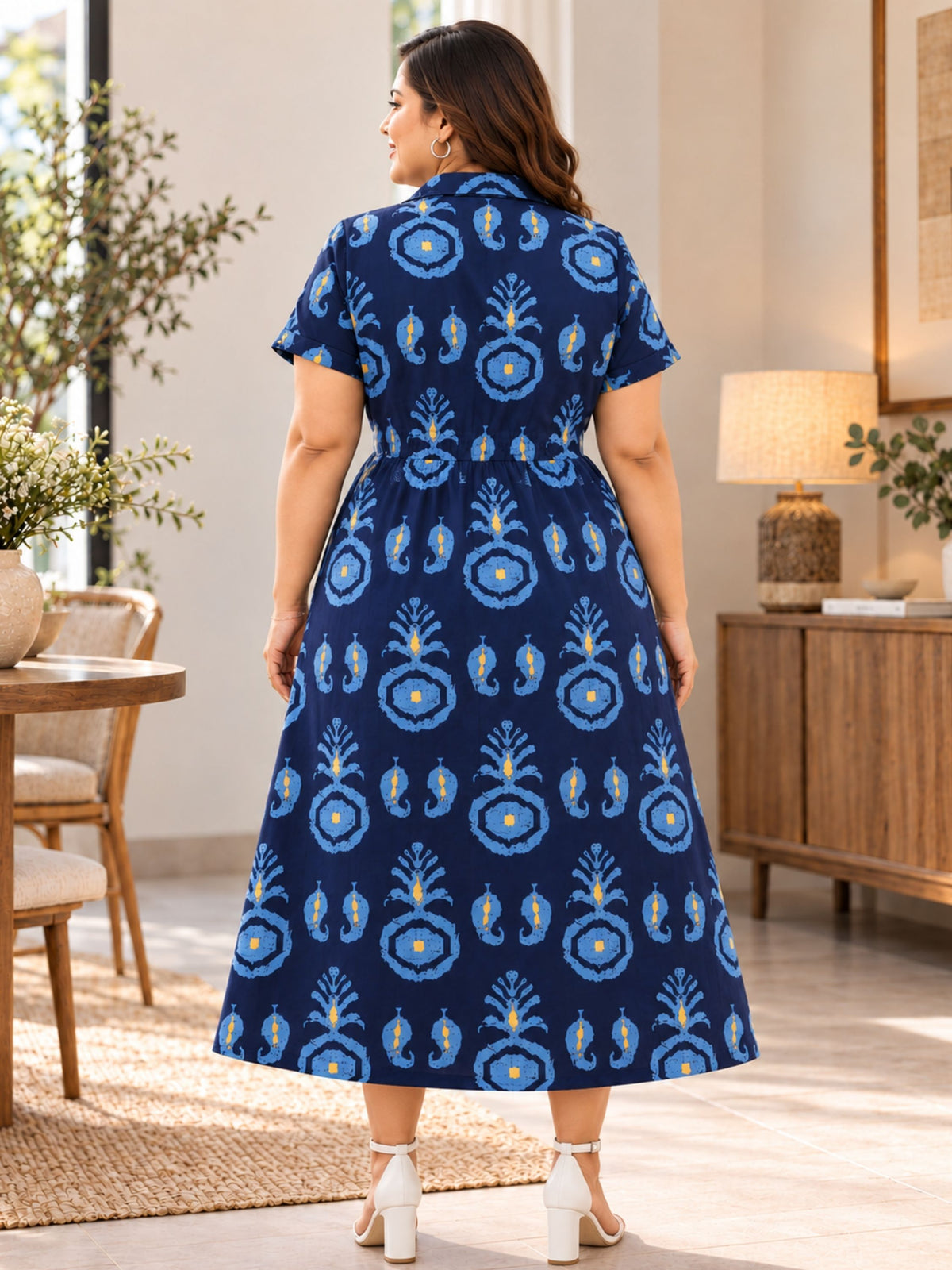 Blue Motif Print Midi Sleeve Dress