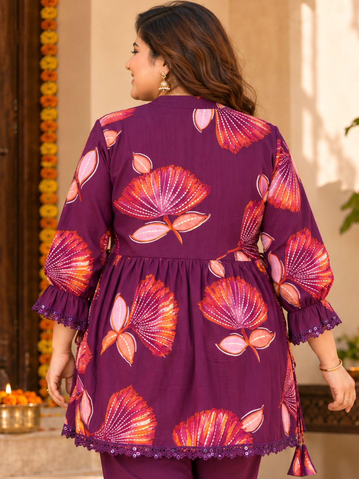 Purple Motif Print Peplum Lace Tunic