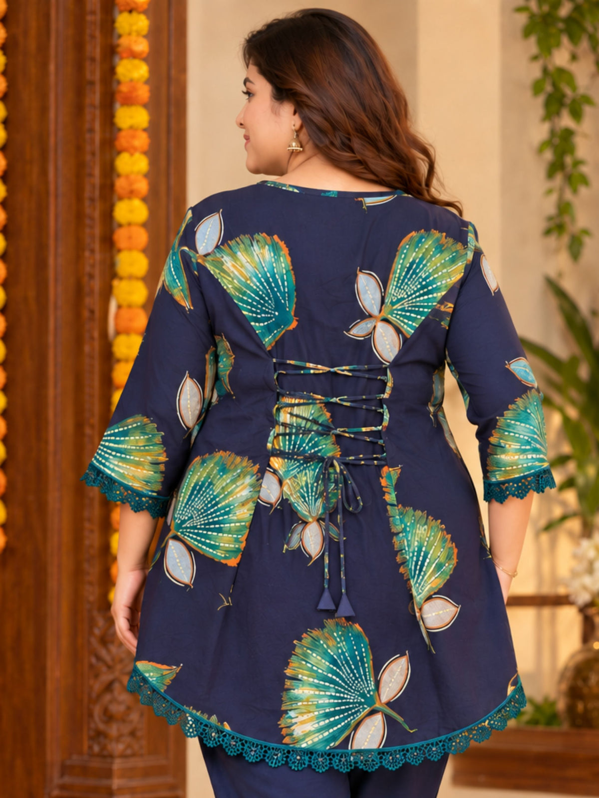 Blue Motif Print Lace Tunic