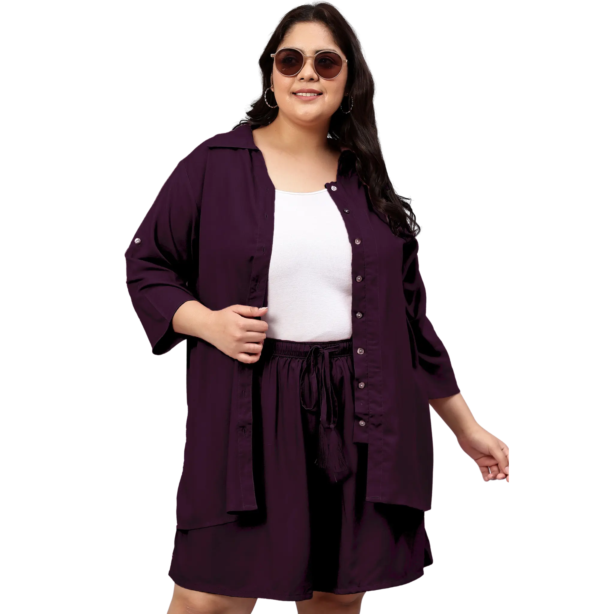 Purple Solid Shirt And Short Set