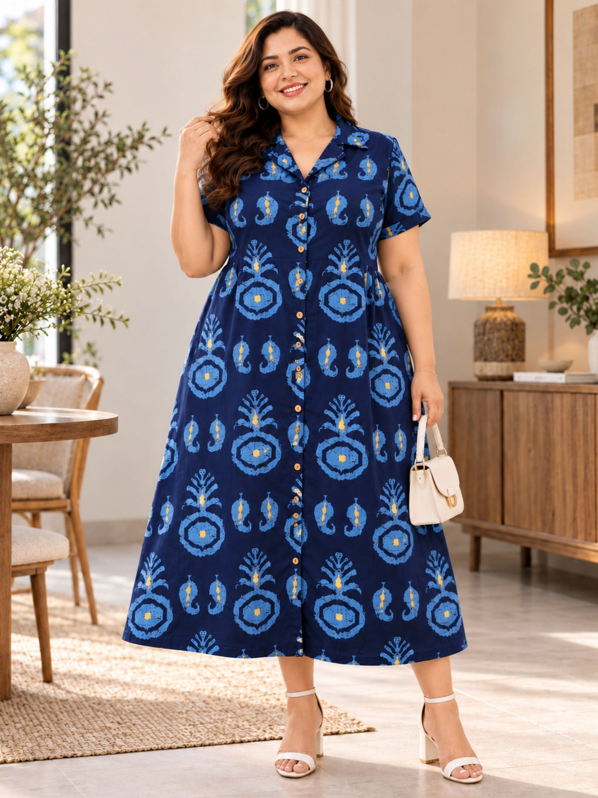 Blue Motif Print Midi Sleeve Dress