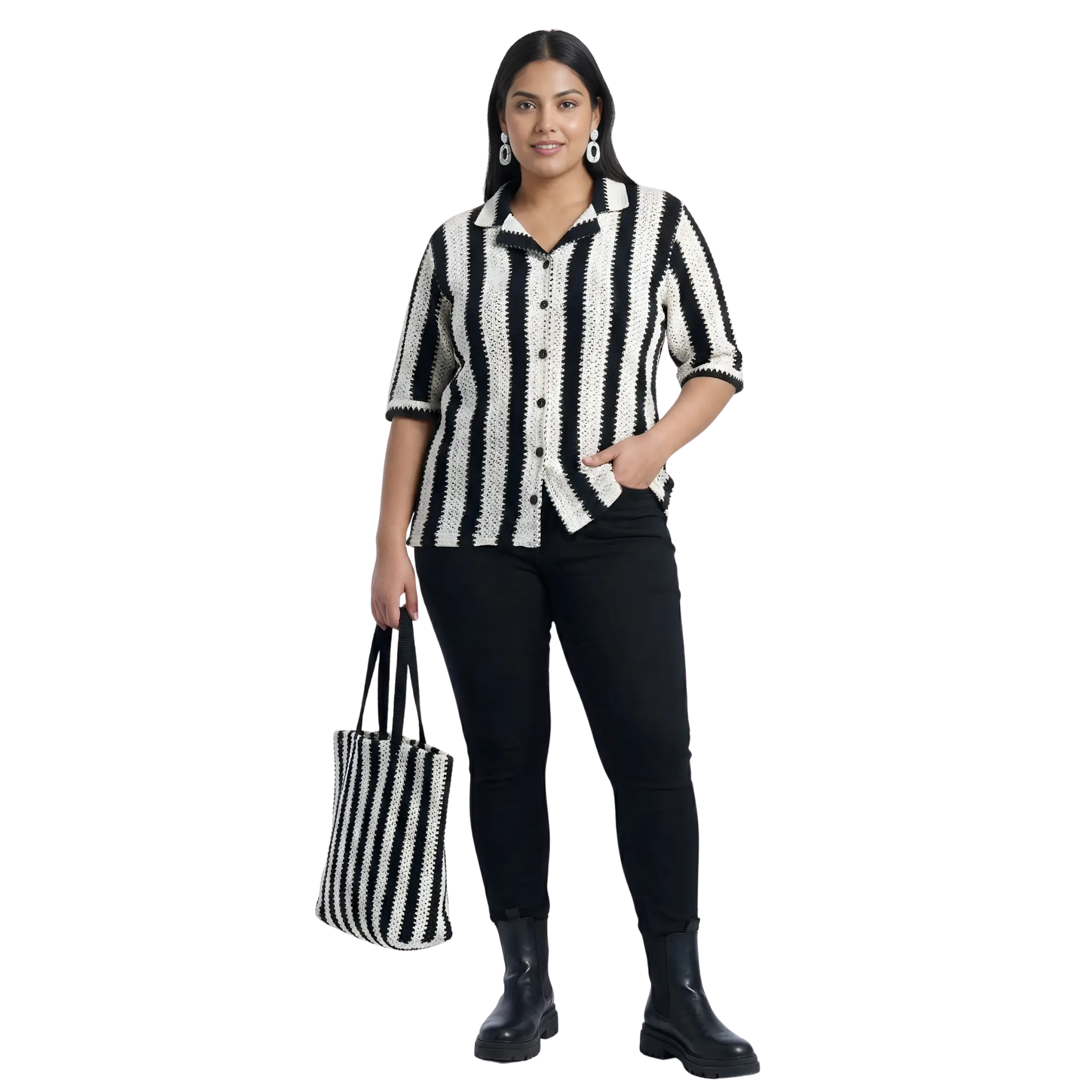 Black And White Stripe Crochet Shirt