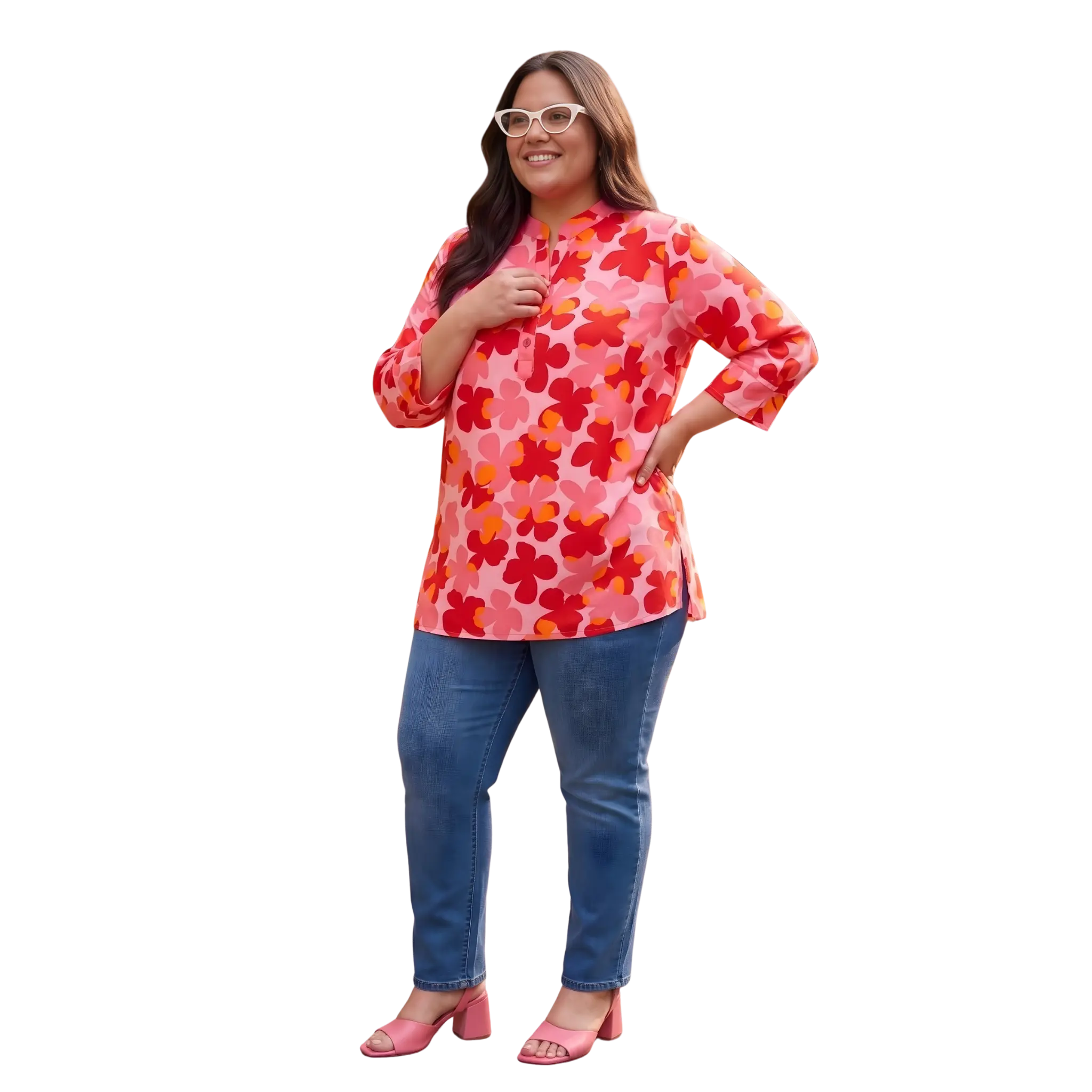 Red and Orange Floral Print Plus Size Tunic