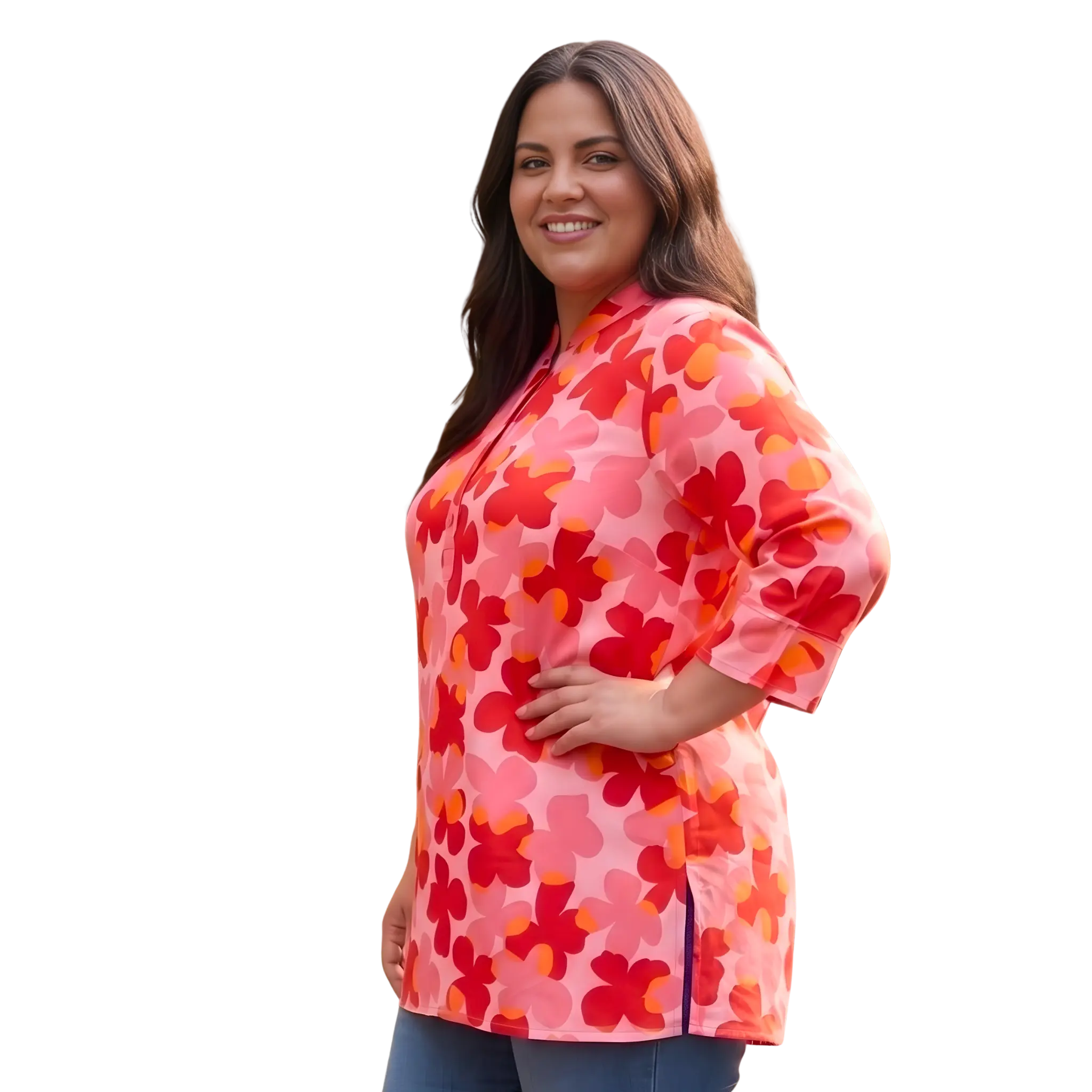 Red and Orange Floral Print Plus Size Tunic