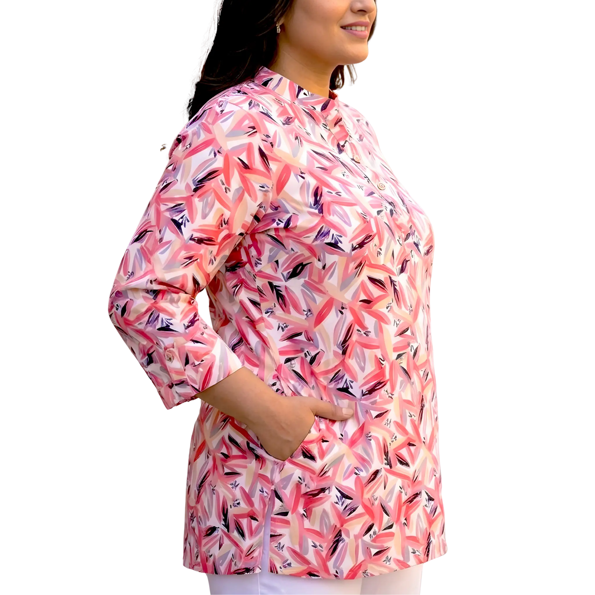 White and Pink Abstract Print Plus Size Tunic