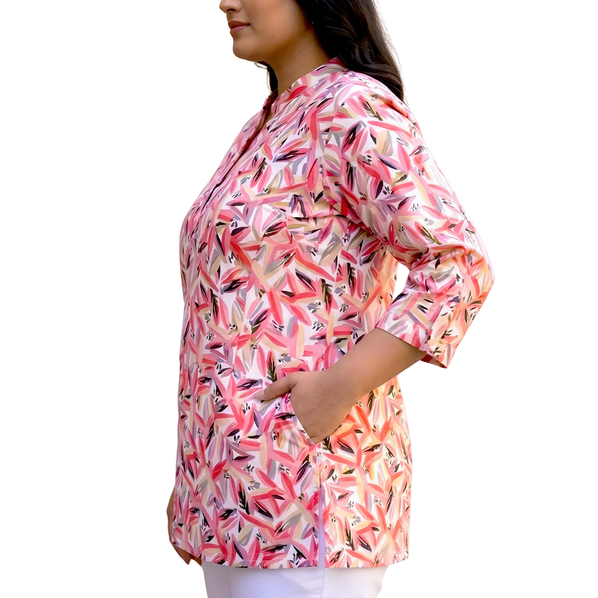 White and Pink Abstract Print Plus Size Tunic
