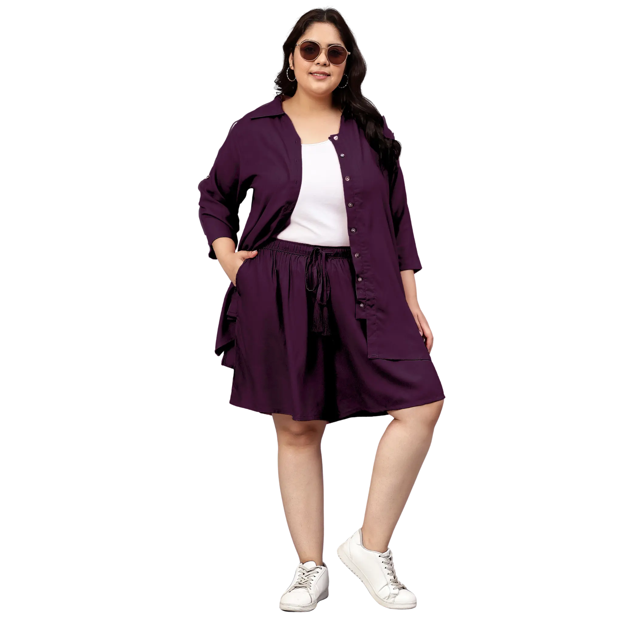 Purple Solid Shirt And Short Set