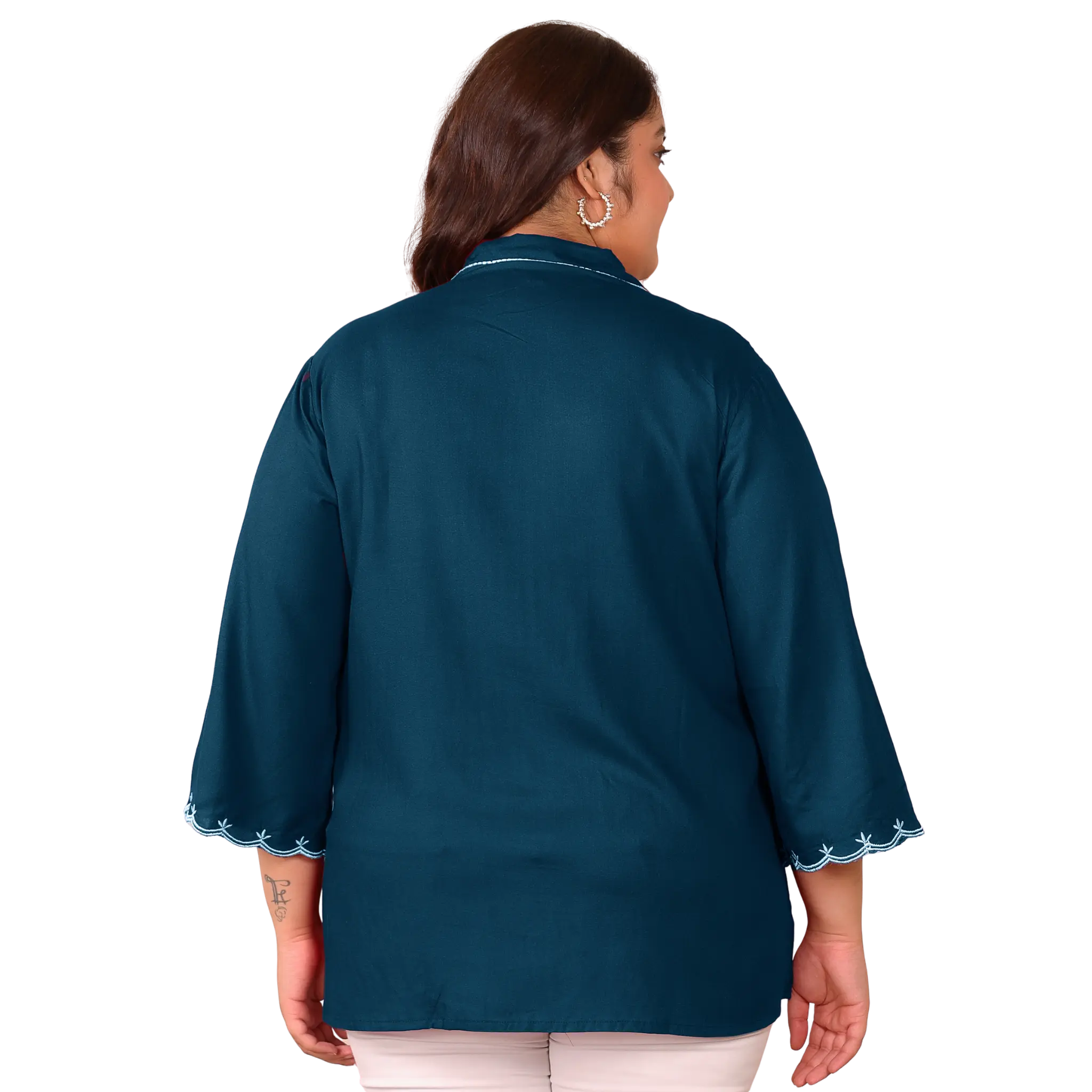 Peacock Blue Rayon Collar Embroidered Tunic
