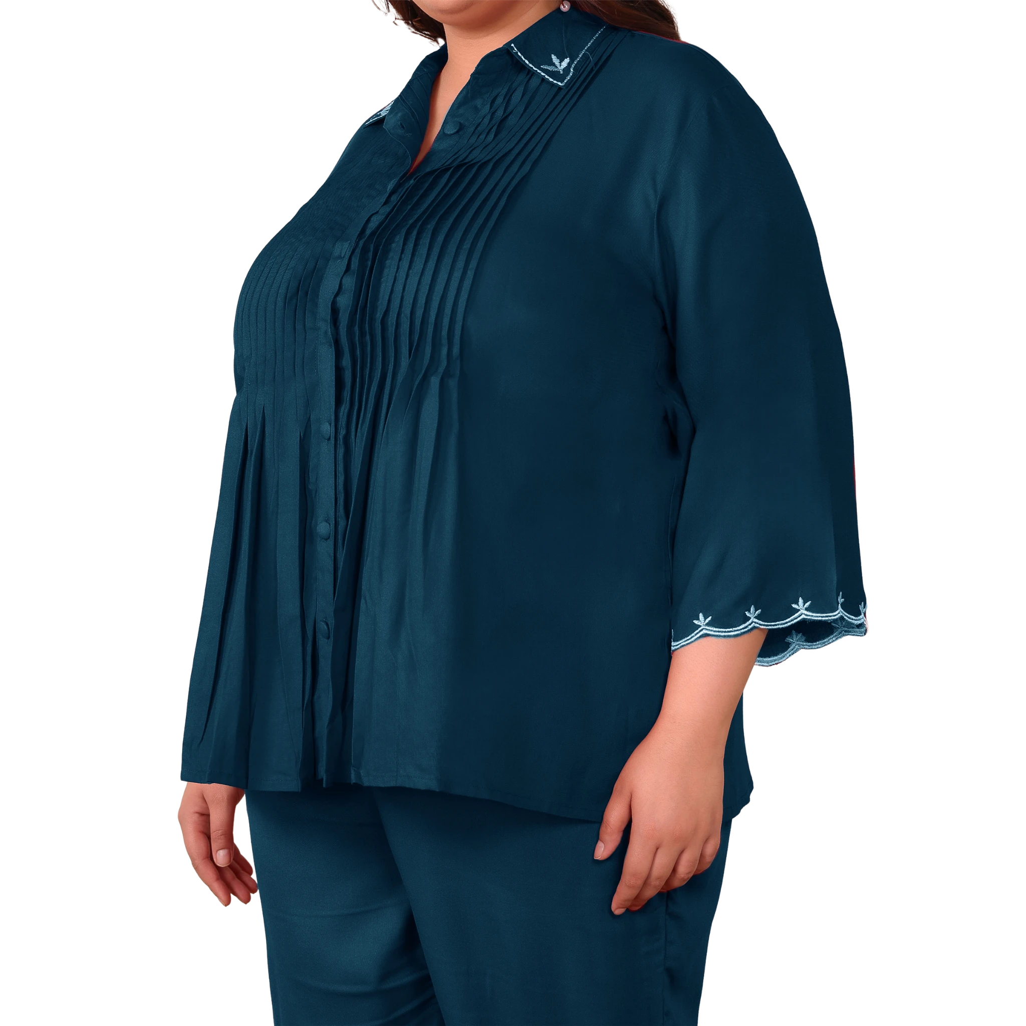 Peacock Blue Rayon Collar Embroidered Co Ord Set