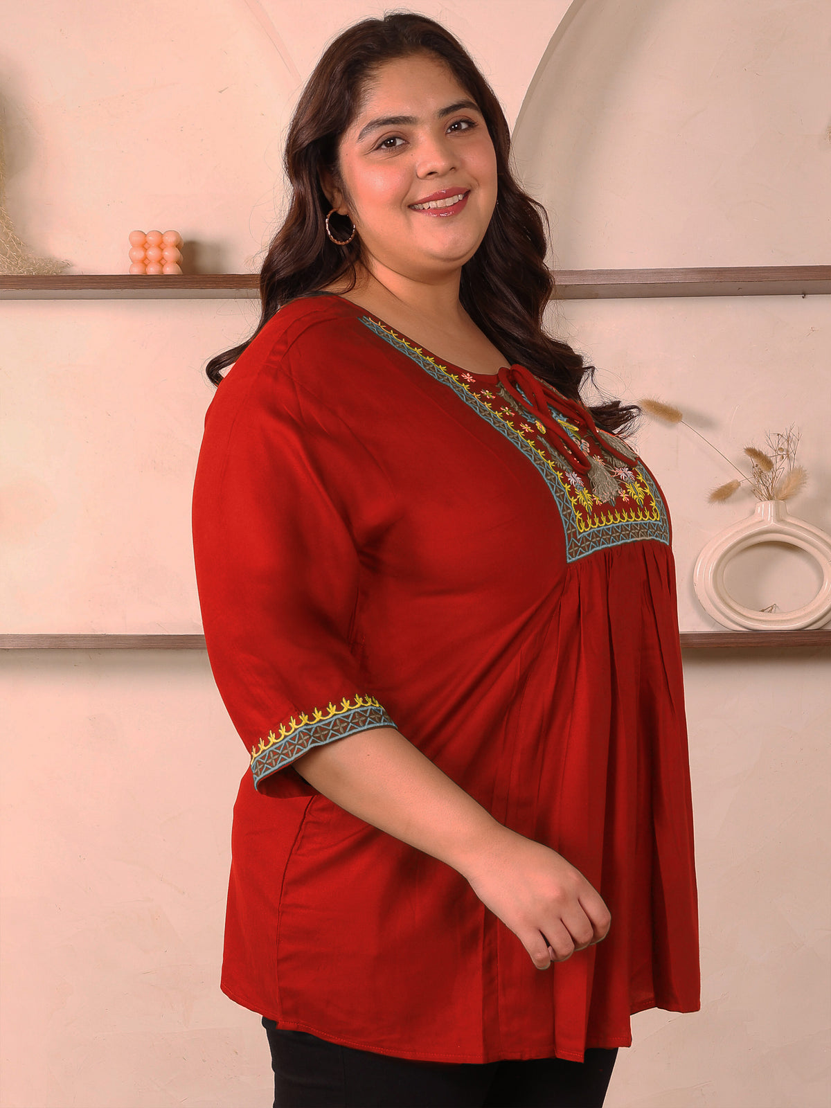 Red Embroidered Plus Size Tunic