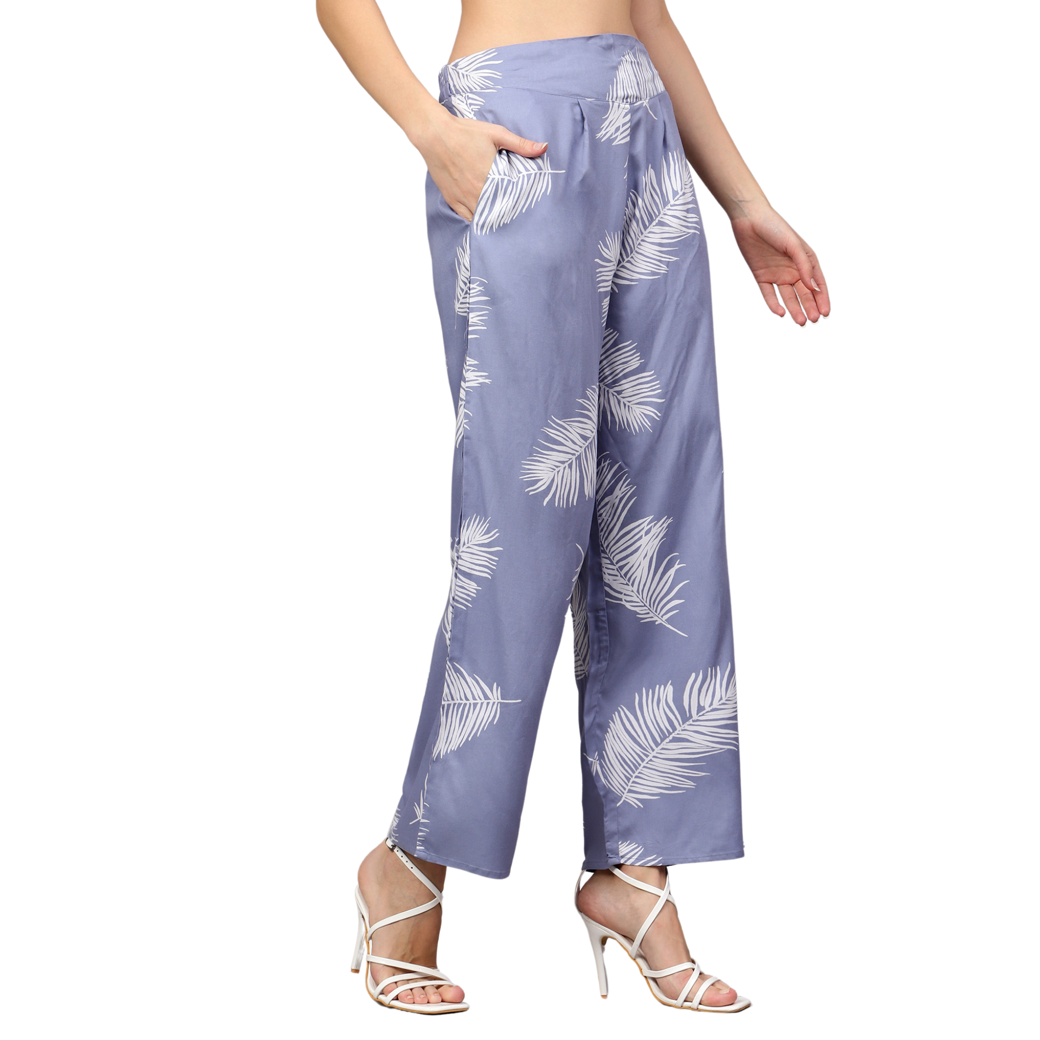 Blue Leaf Print Trousers
