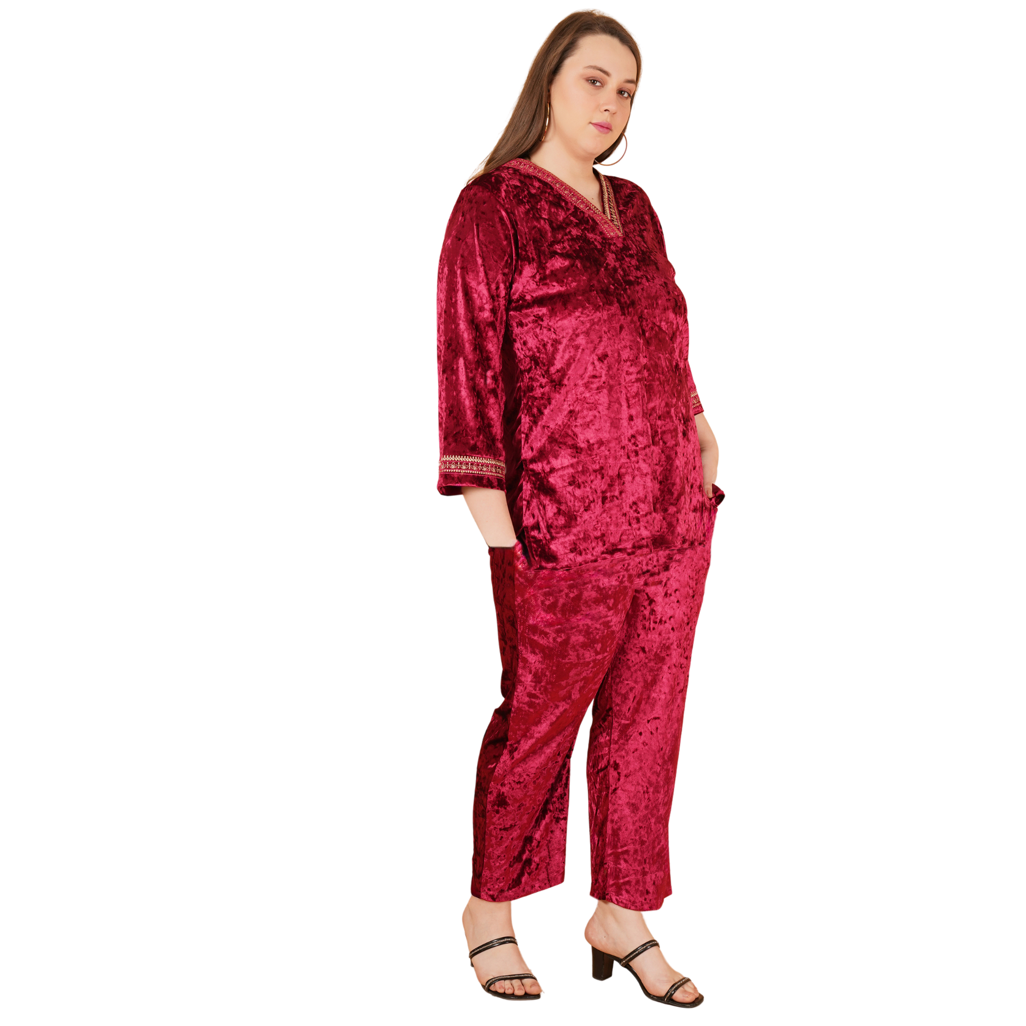 Maroon Velvet Plus Size Co Ord Set
