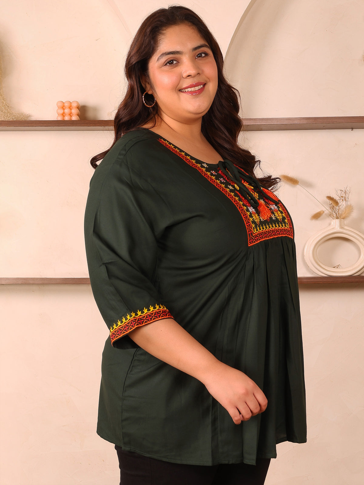 Dark Green Embroidered Plus Size Tunic
