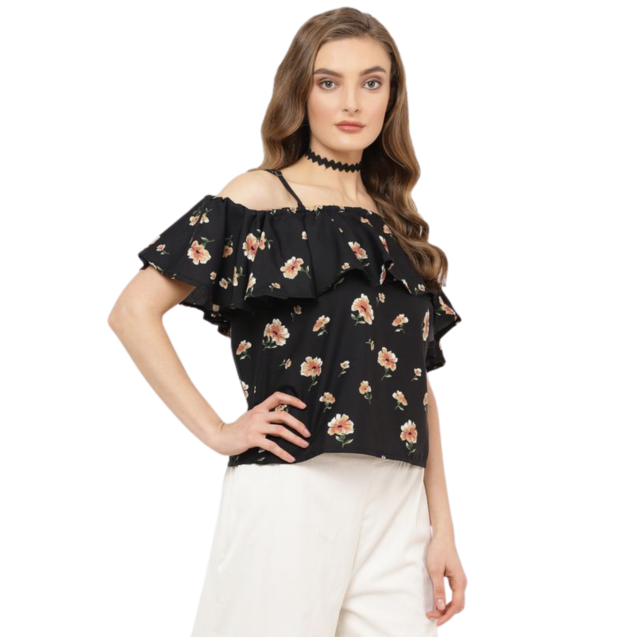 Black Floral Print Cold Shoulder Top