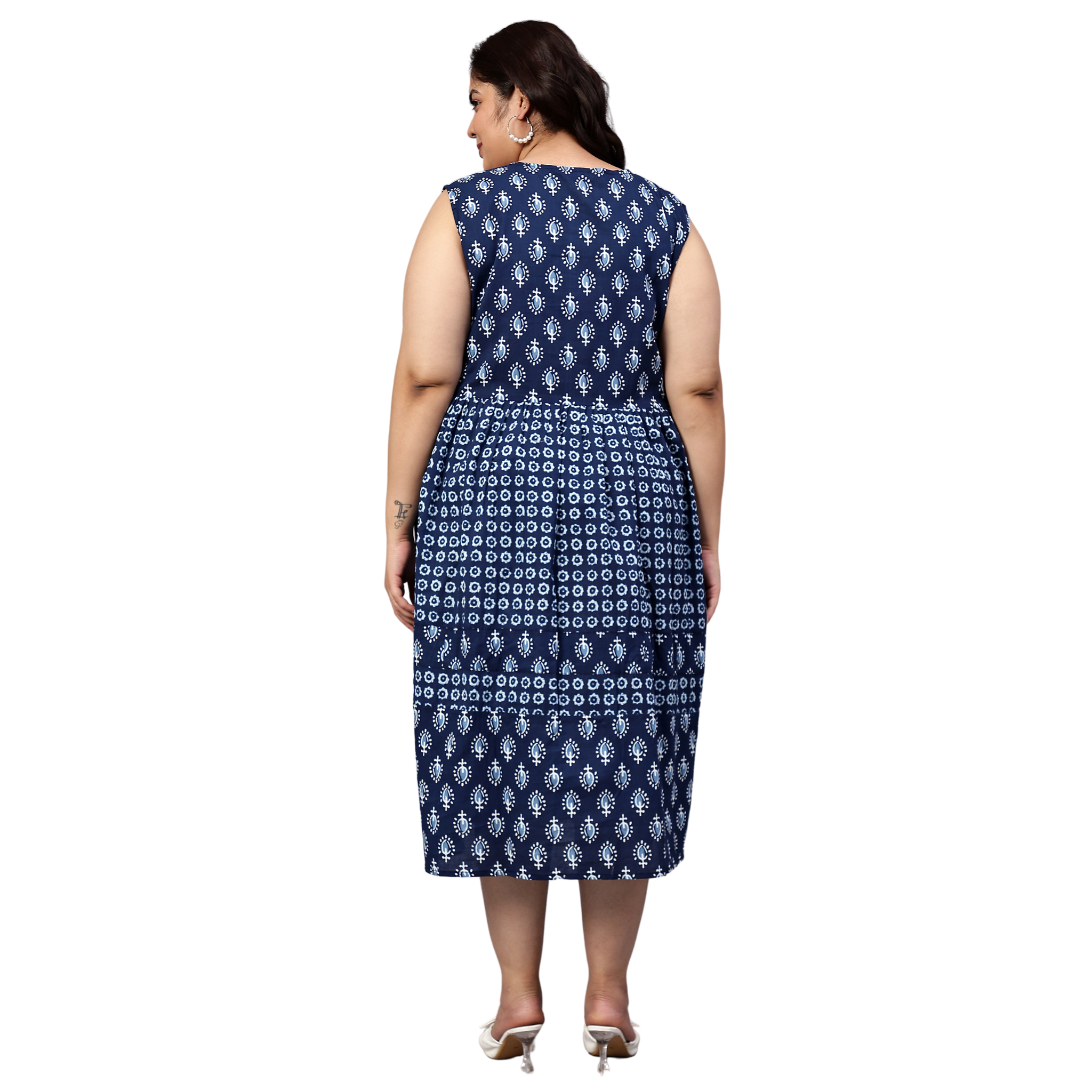 Blue Geometric Print Cotton Plus Size Dress