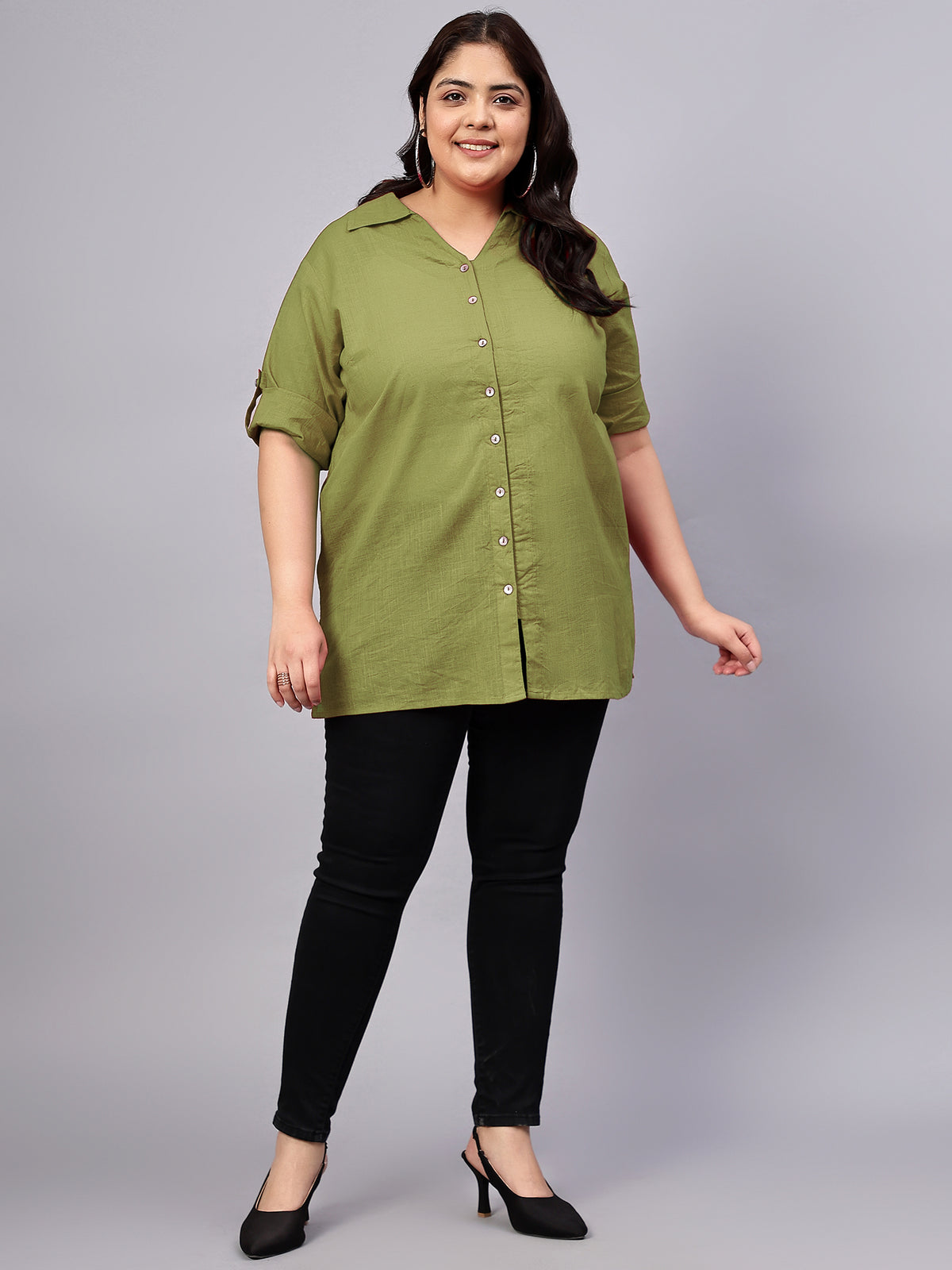 Green Cotton Longline Plus Size Shirt